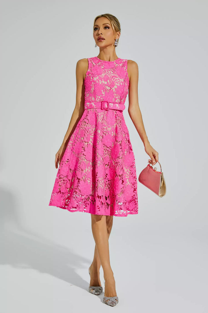 Brian Pink Lace Belted Midi Dress