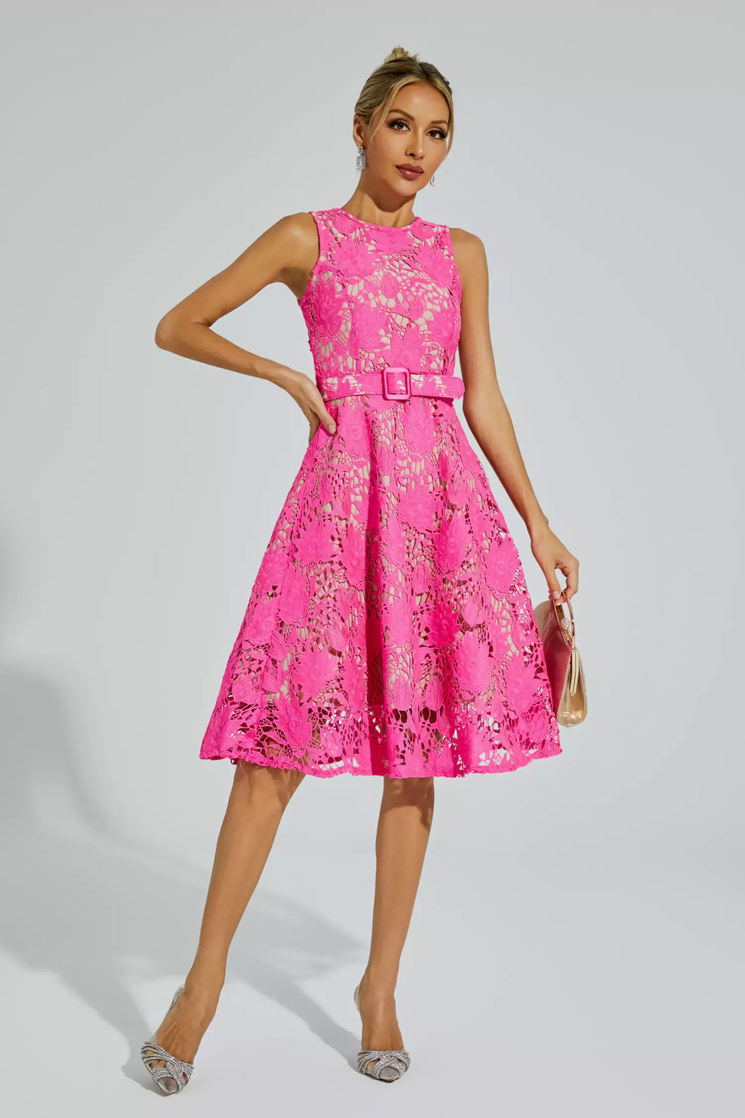 Brian Pink Lace Belted Midi Dress