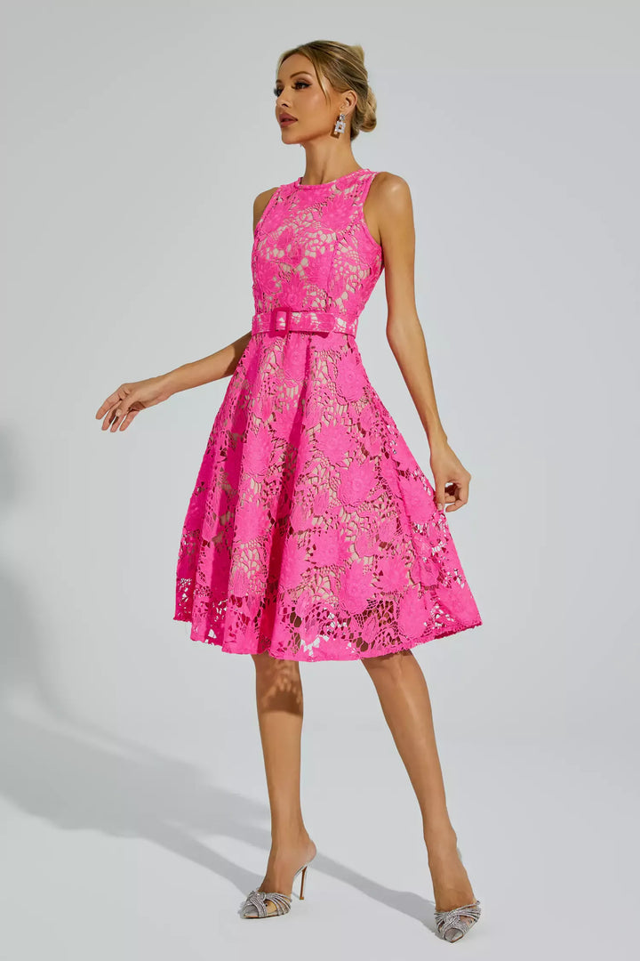 Brian Pink Lace Belted Midi Dress