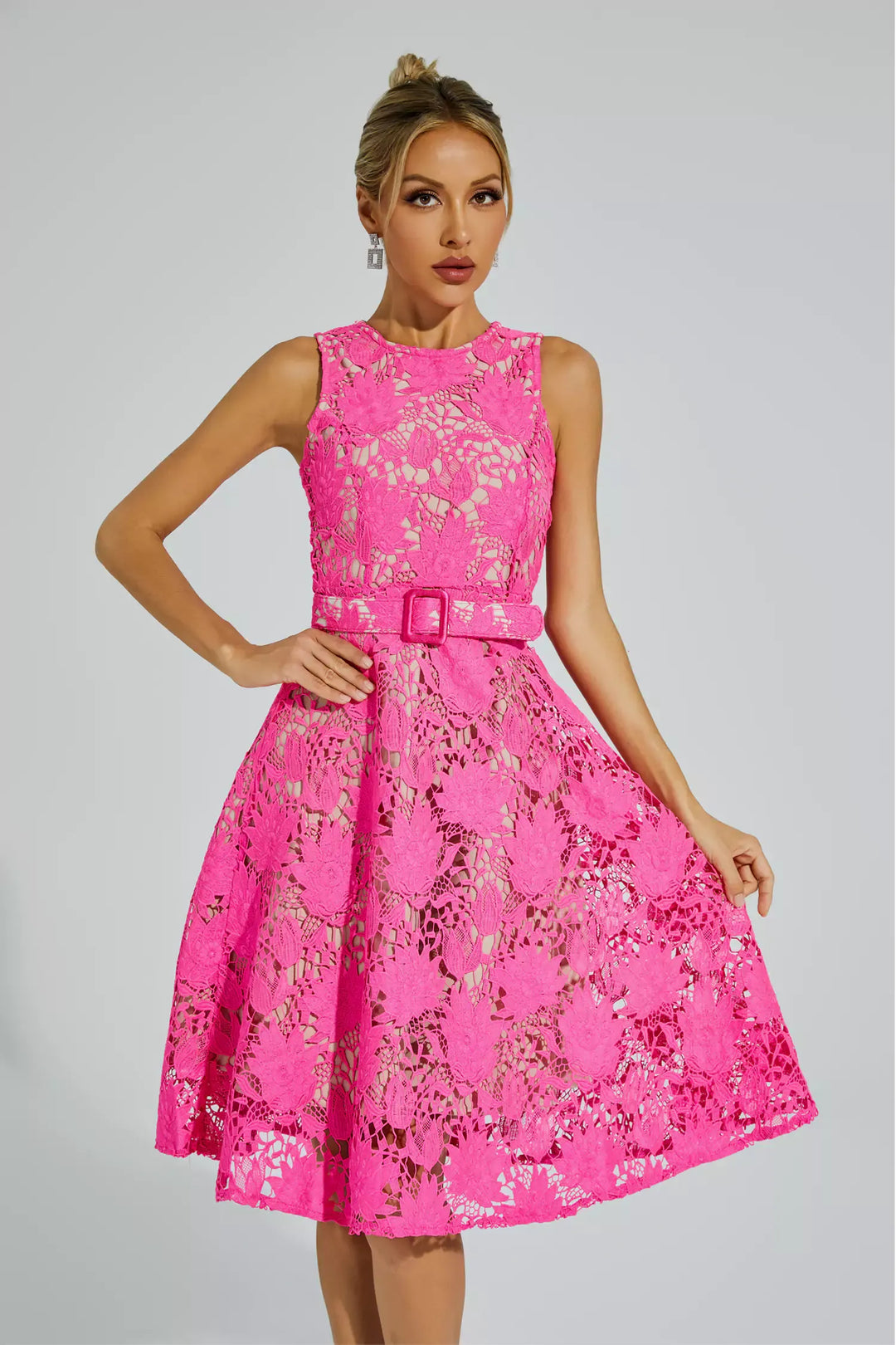 Brian Pink Lace Belted Midi Dress