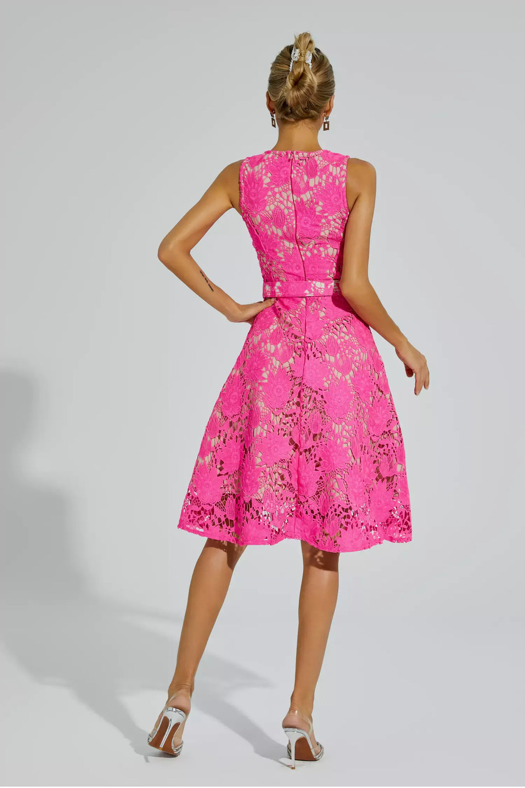 Brian Pink Lace Belted Midi Dress