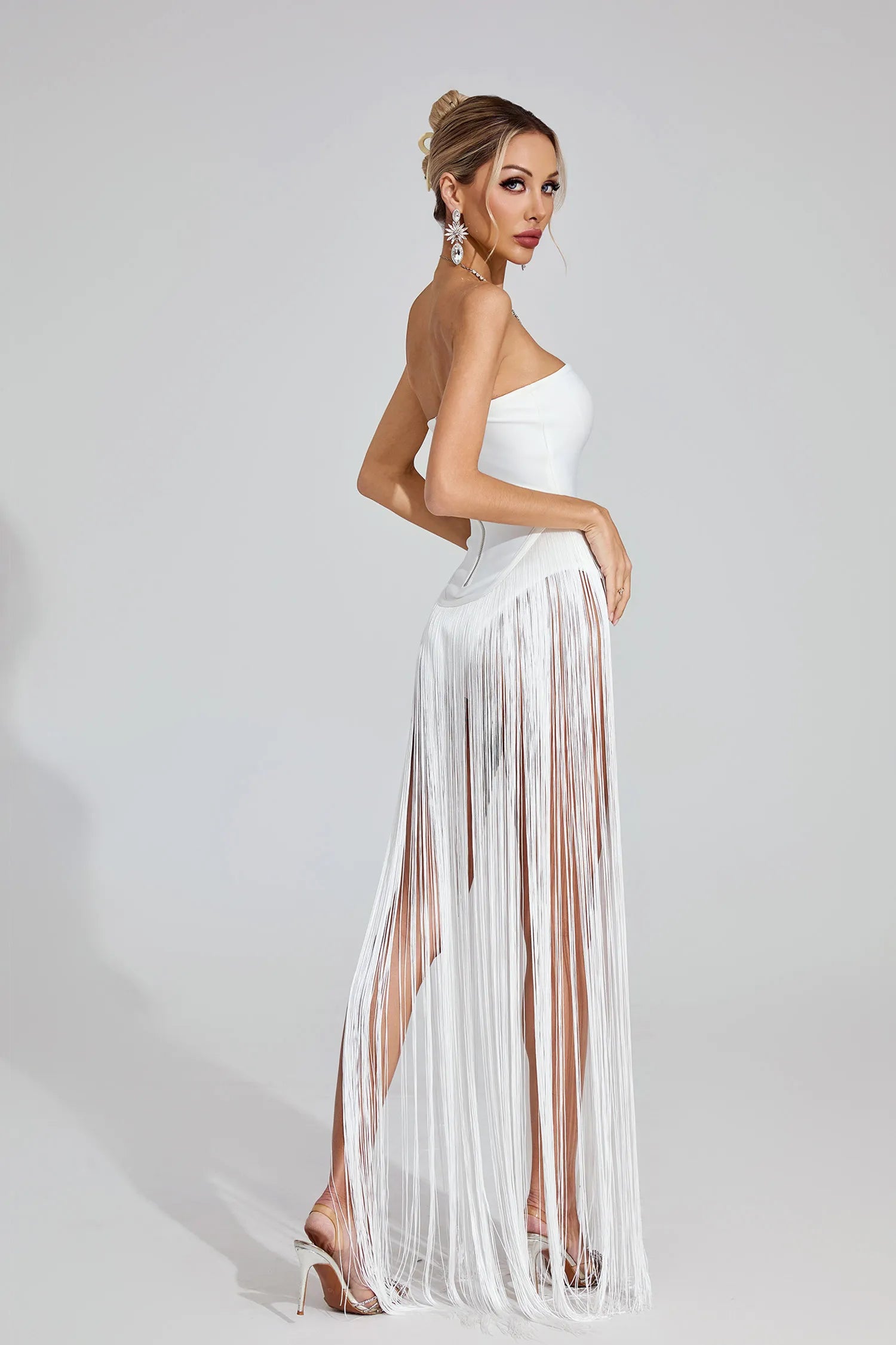 Vionara White Fringe Strapless Maxi Dress