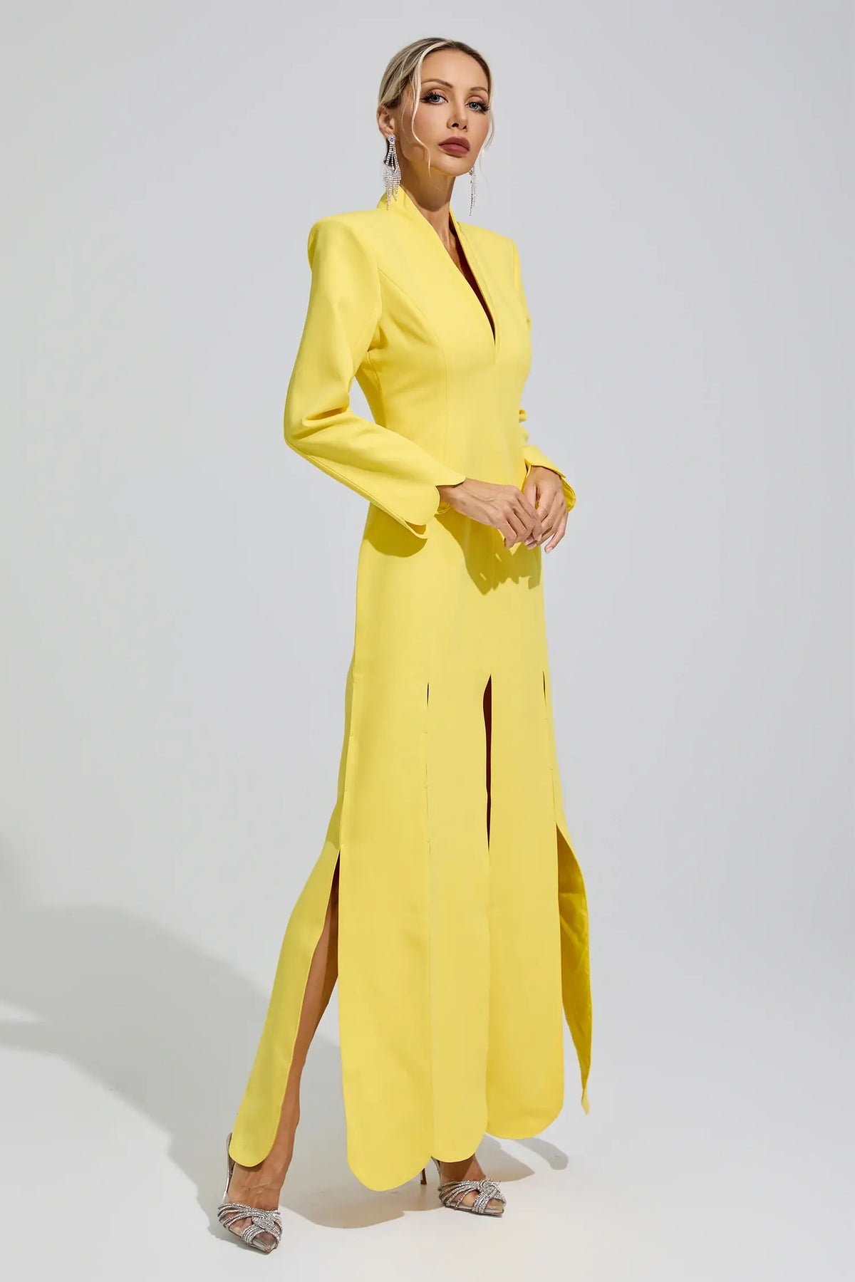 Elysia Yellow V-Neck High Slit Evening Maxi Dress