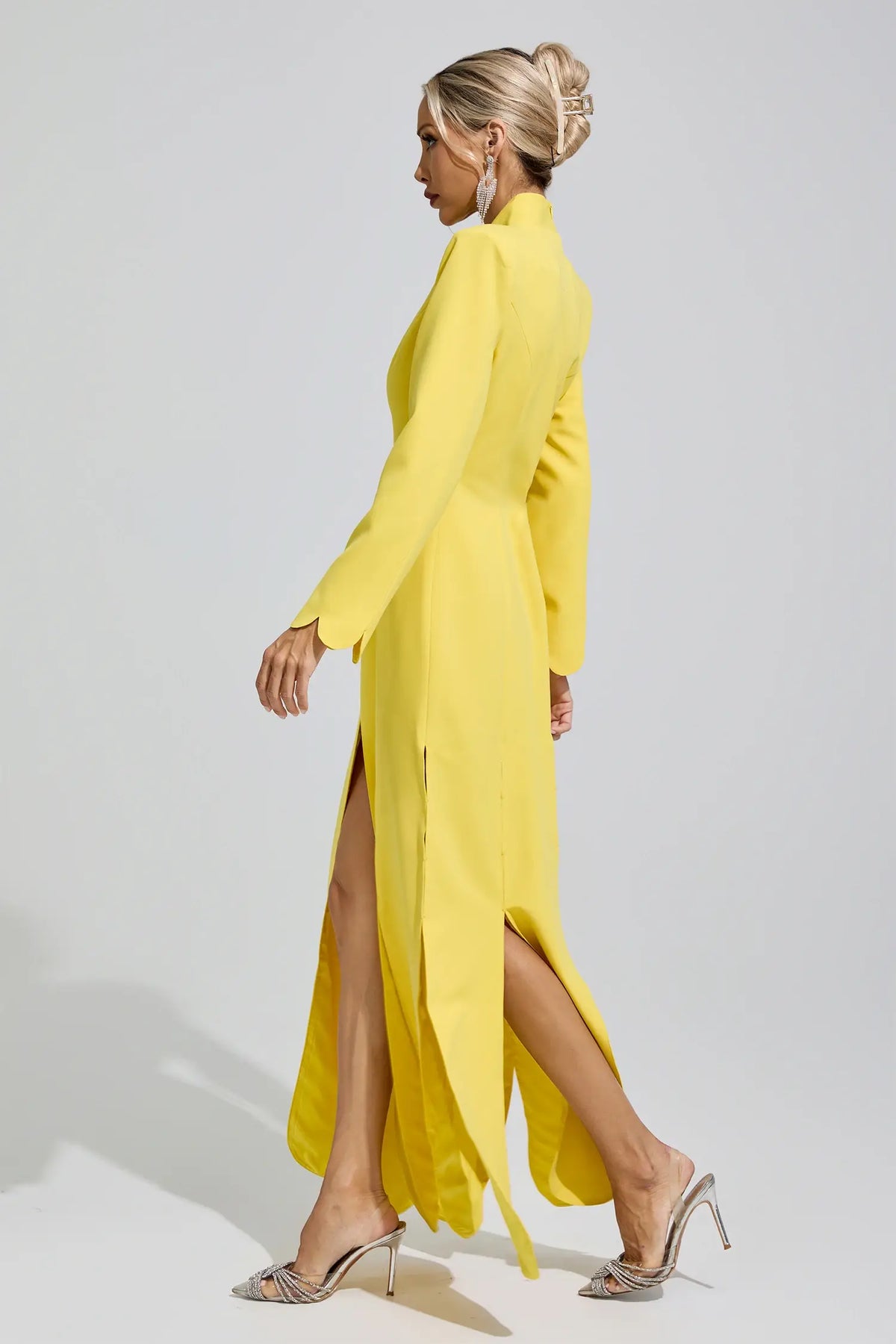 Elysia Yellow V-Neck High Slit Evening Maxi Dress