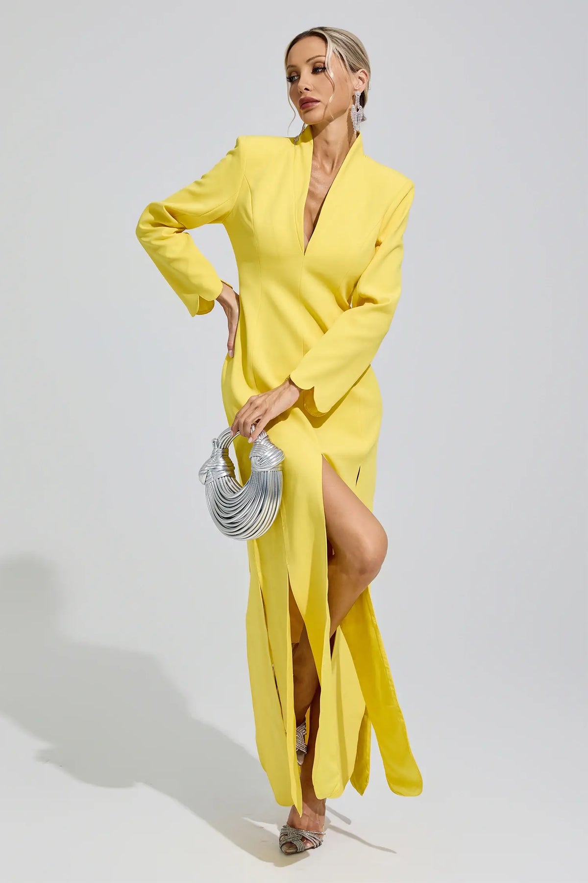 Elysia Yellow V-Neck High Slit Evening Maxi Dress