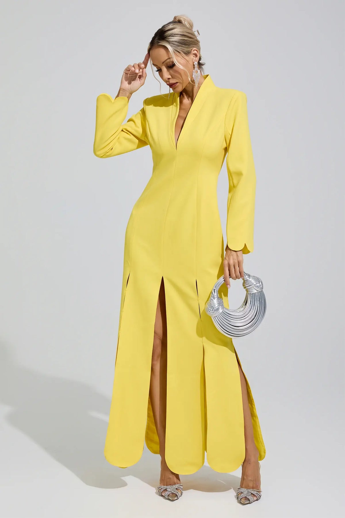 Elysia Yellow V-Neck High Slit Evening Maxi Dress