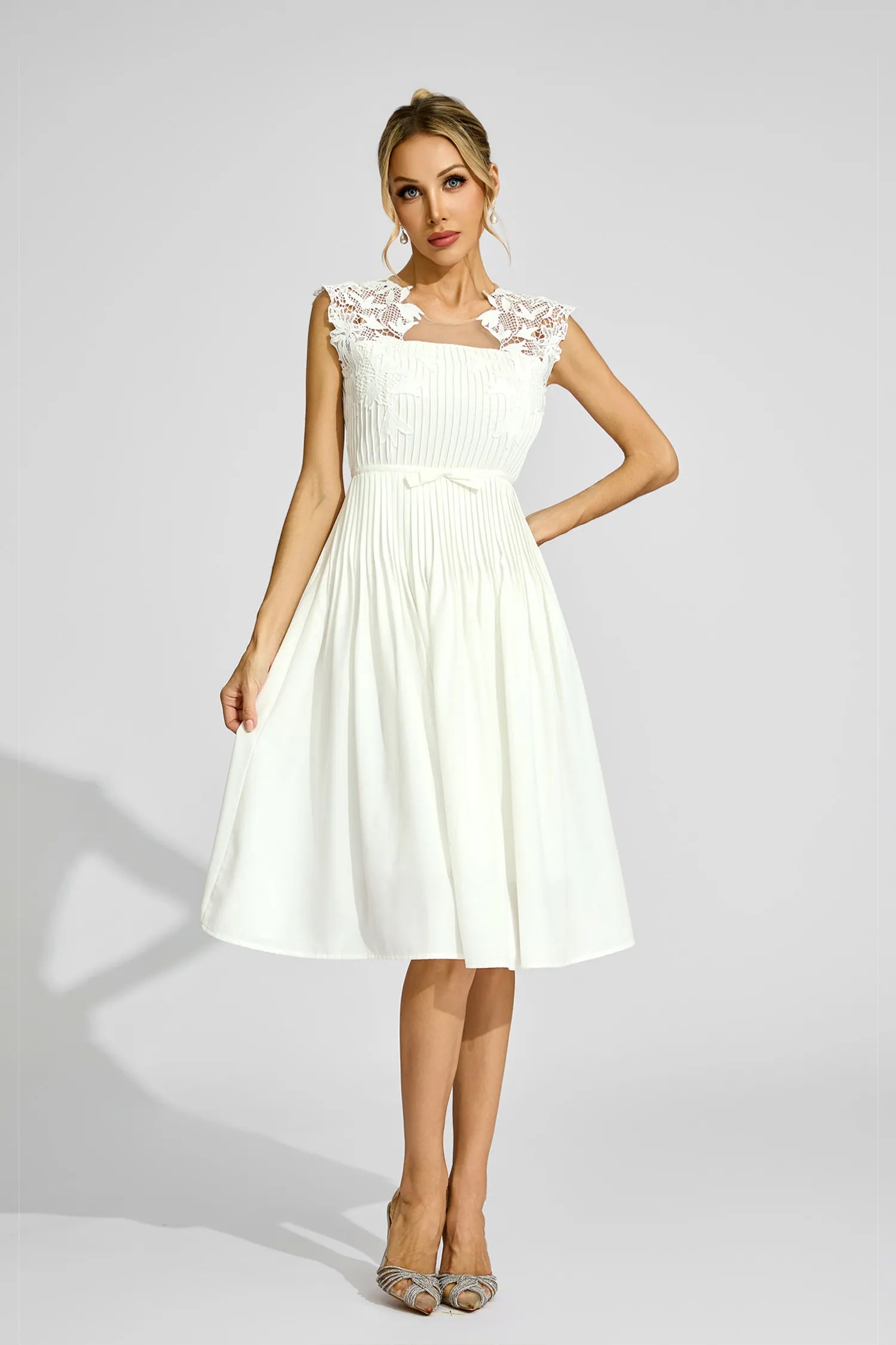 Angela White Lace Embellished Midi Dress