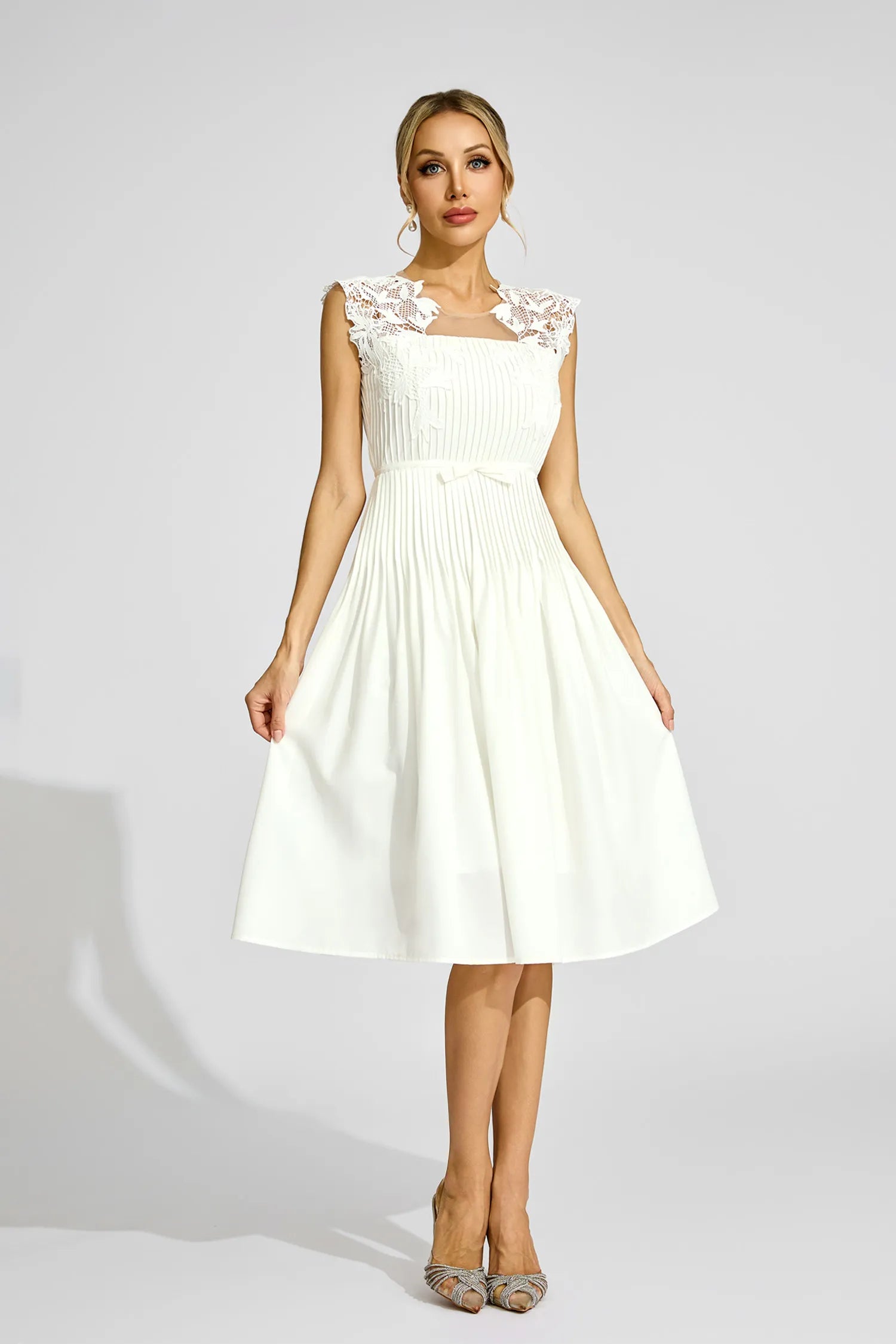 Angela White Lace Embellished Midi Dress