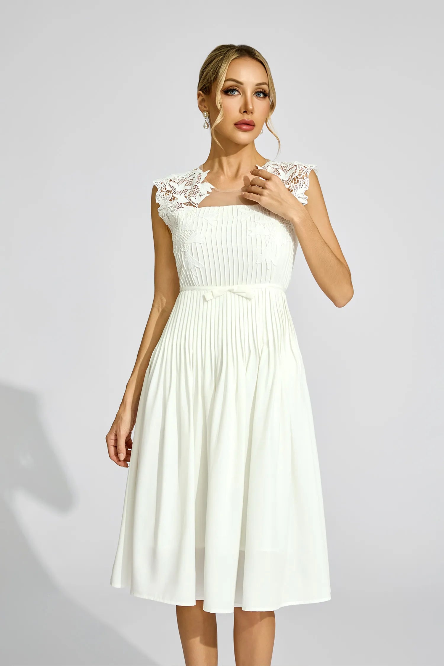 Angela White Lace Embellished Midi Dress