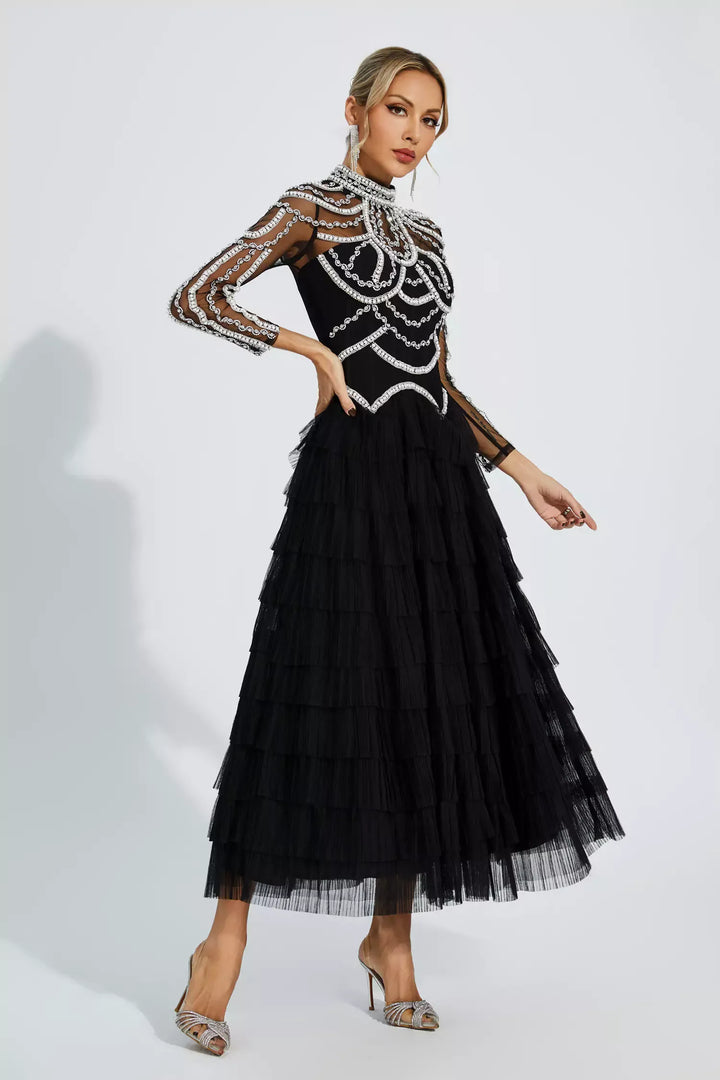 Cadence Black Beading Maxi Evening Dress