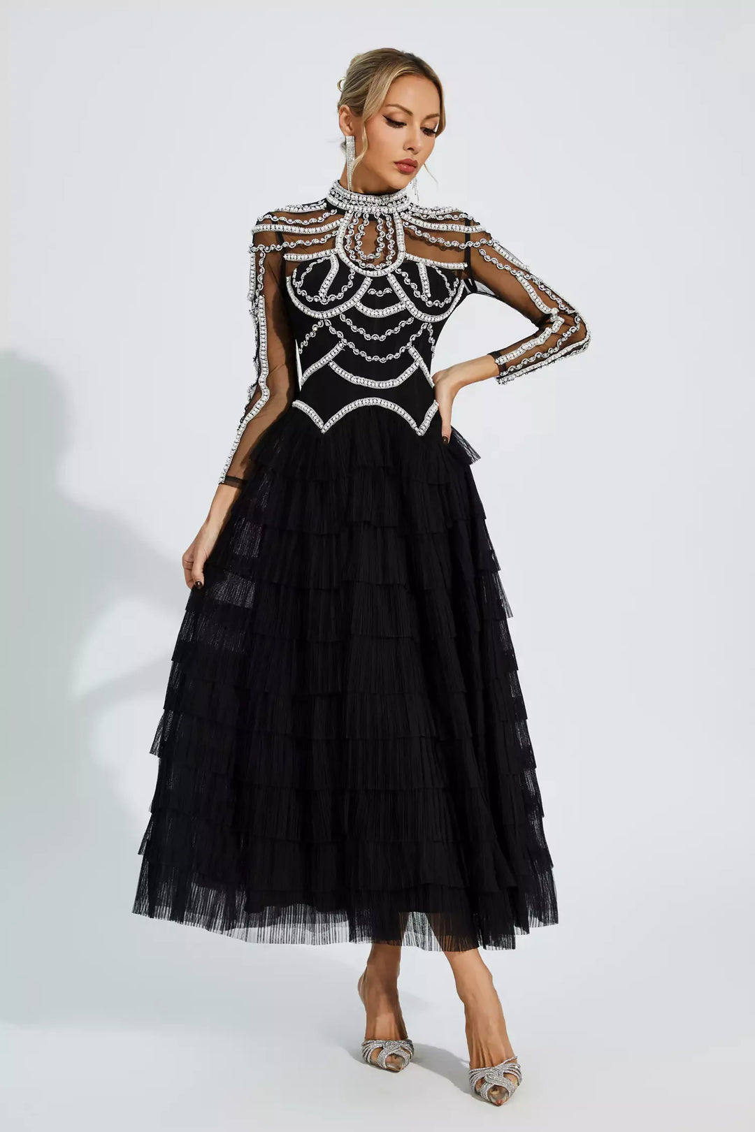 Cadence Black Beading Maxi Evening Dress