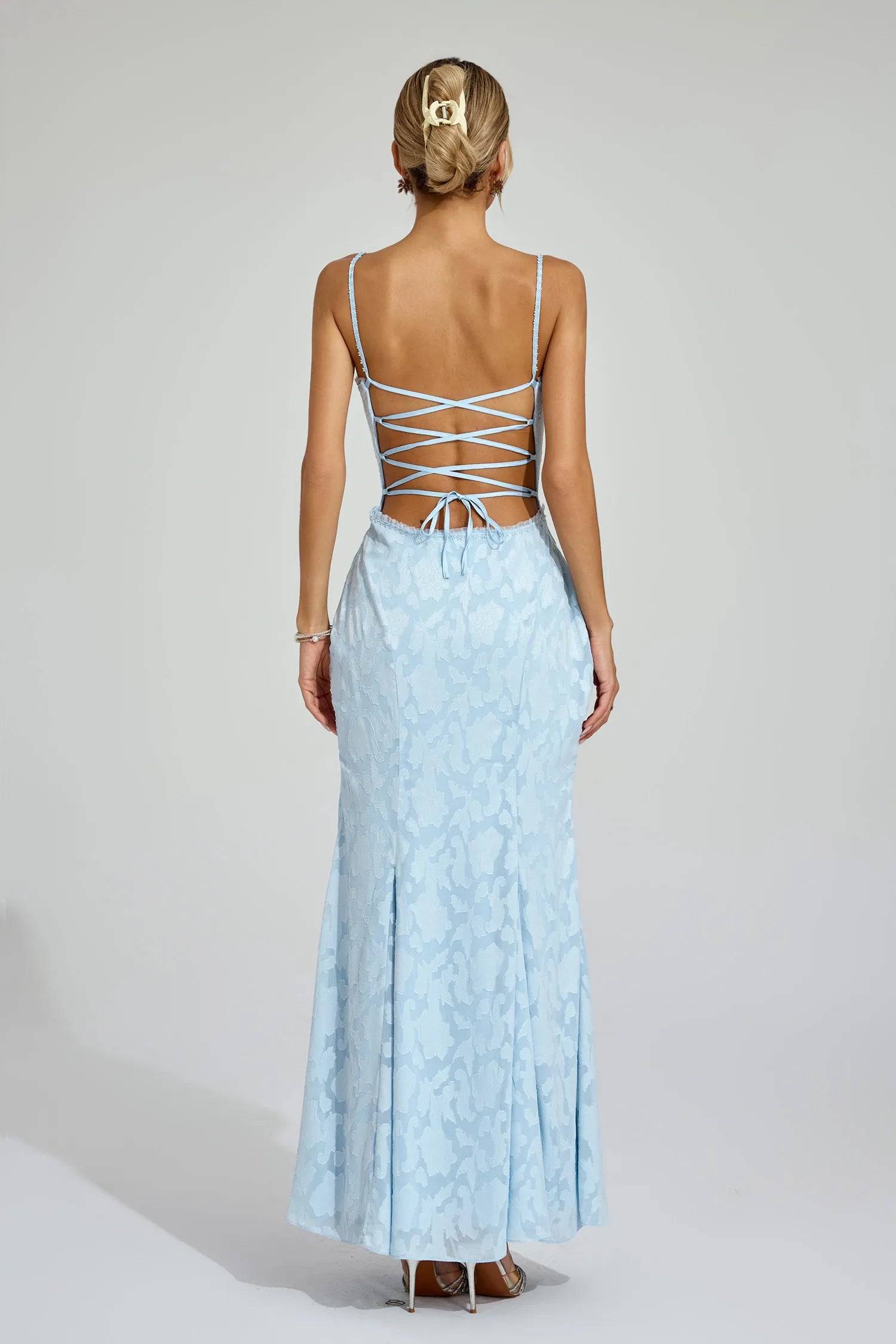 Anita Lace-up Jacquard Flared Maxi Dress