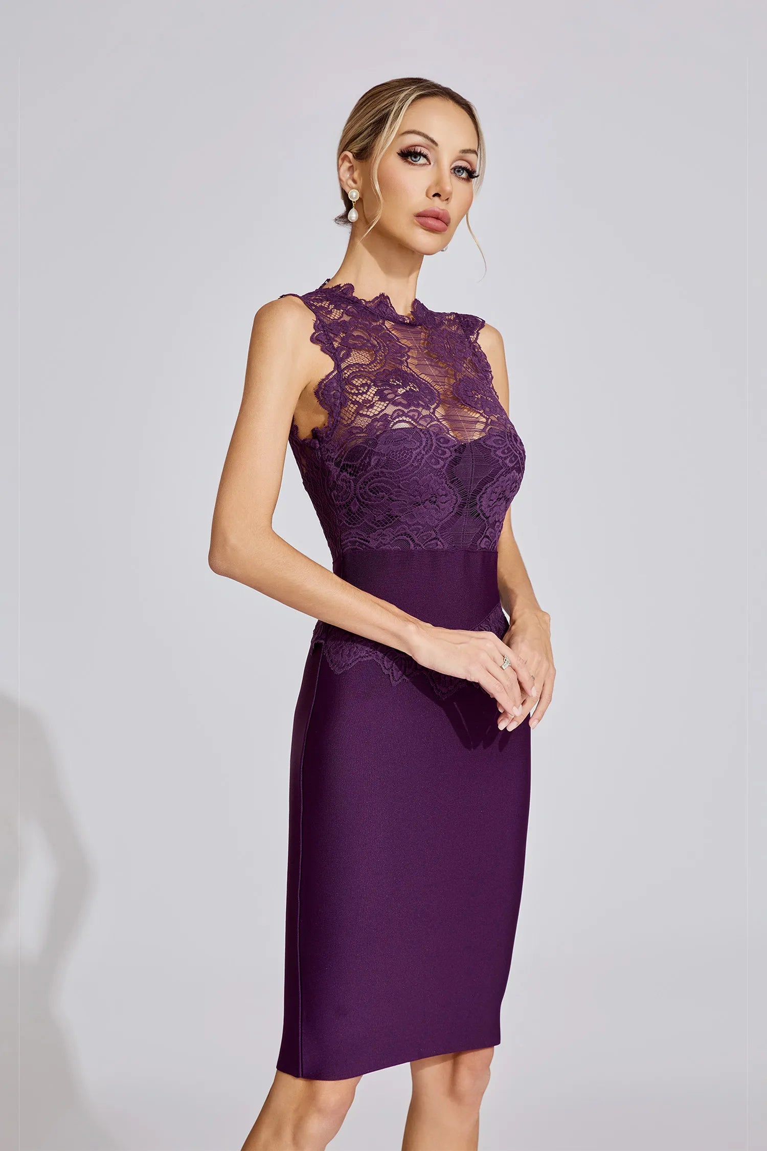 Romane Purple Lace Elegance Midi Dress