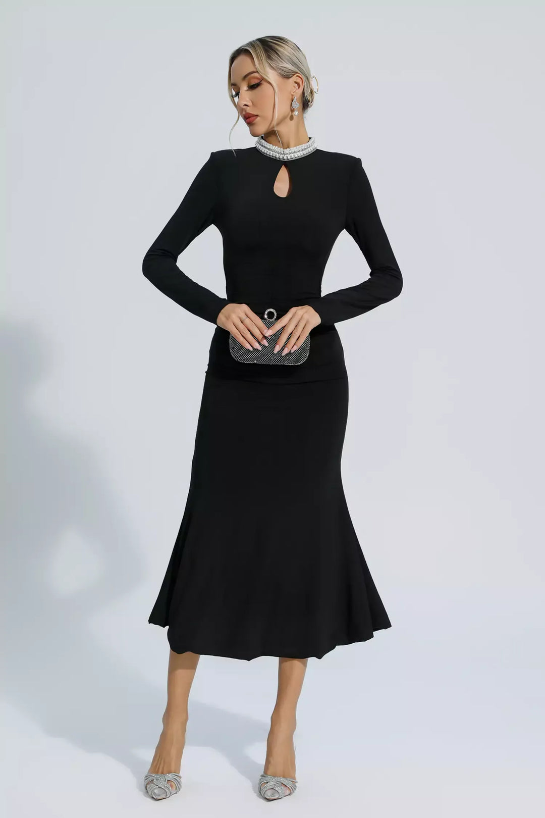 Christina Black Pearl Decorated Long Sleeve Maxi Dress