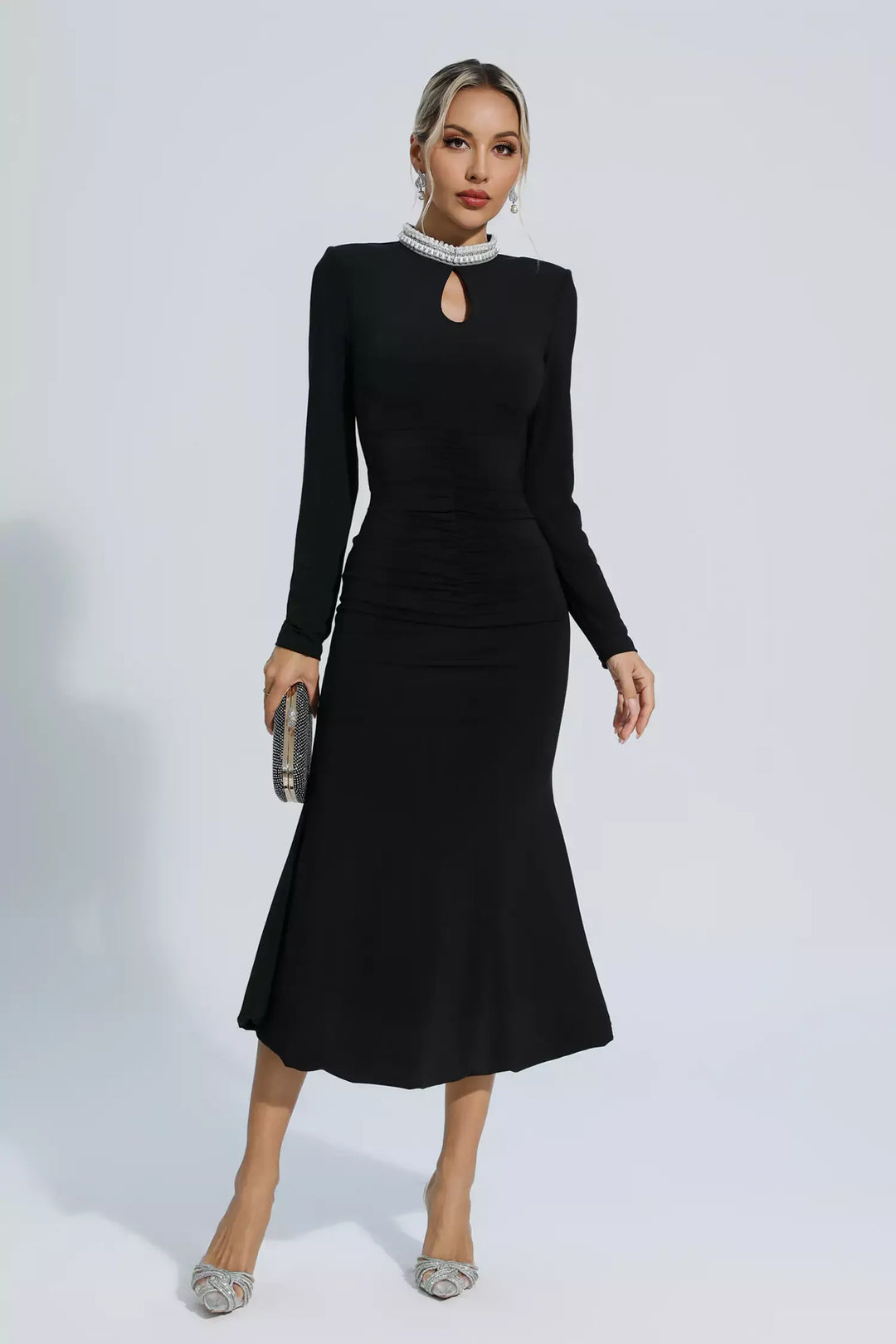 Christina Black Pearl Decorated Long Sleeve Maxi Dress