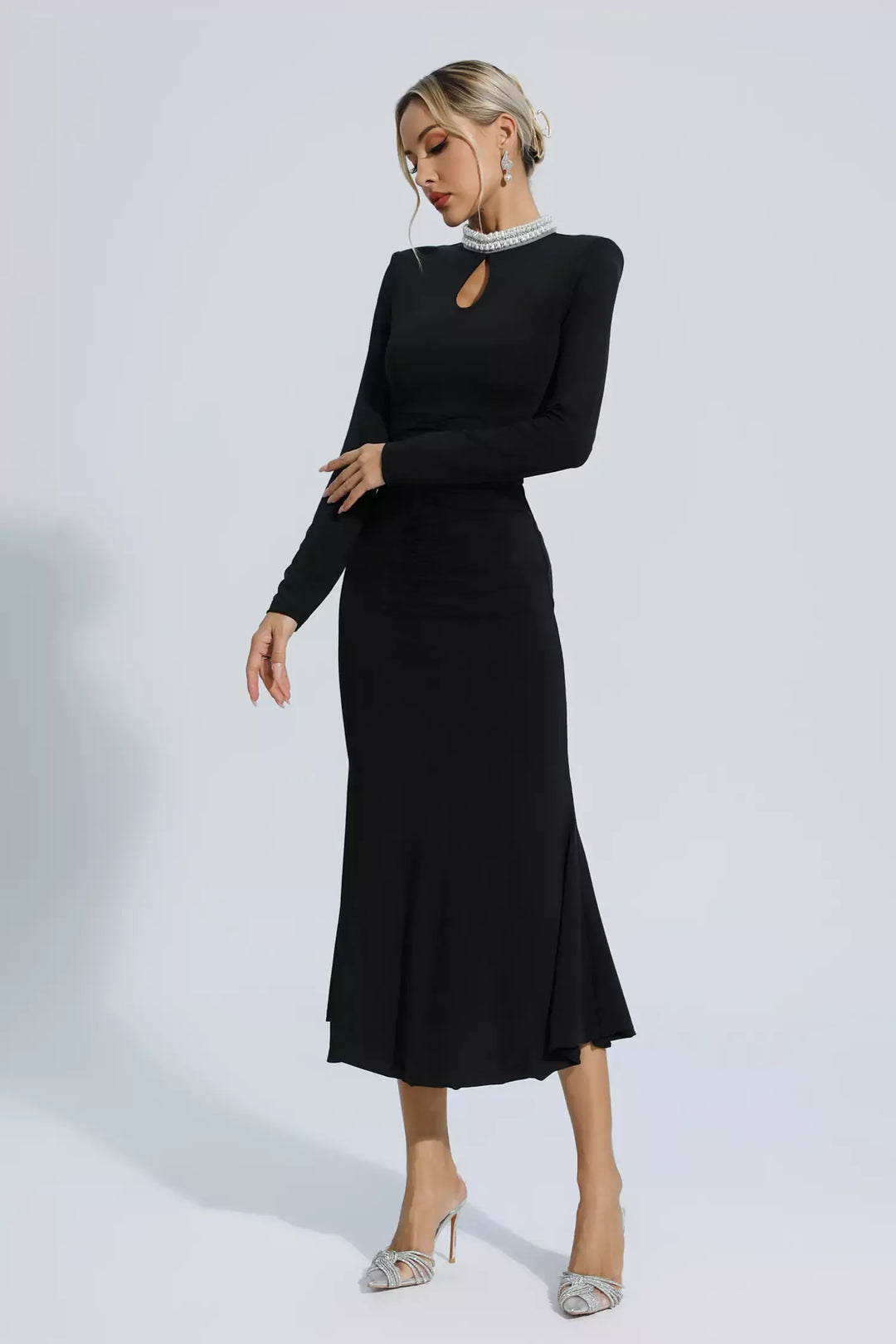 Christina Black Pearl Decorated Long Sleeve Maxi Dress