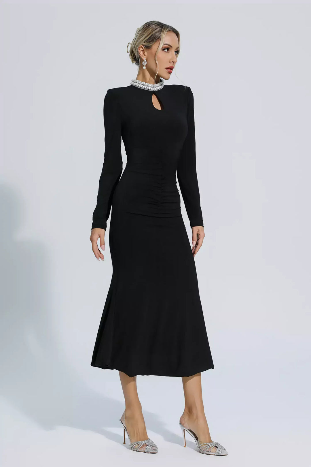 Christina Black Pearl Decorated Long Sleeve Maxi Dress