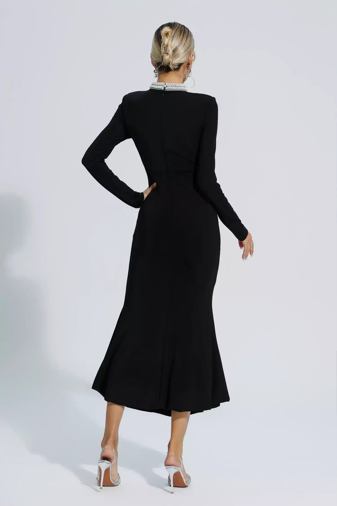 Christina Black Pearl Decorated Long Sleeve Maxi Dress