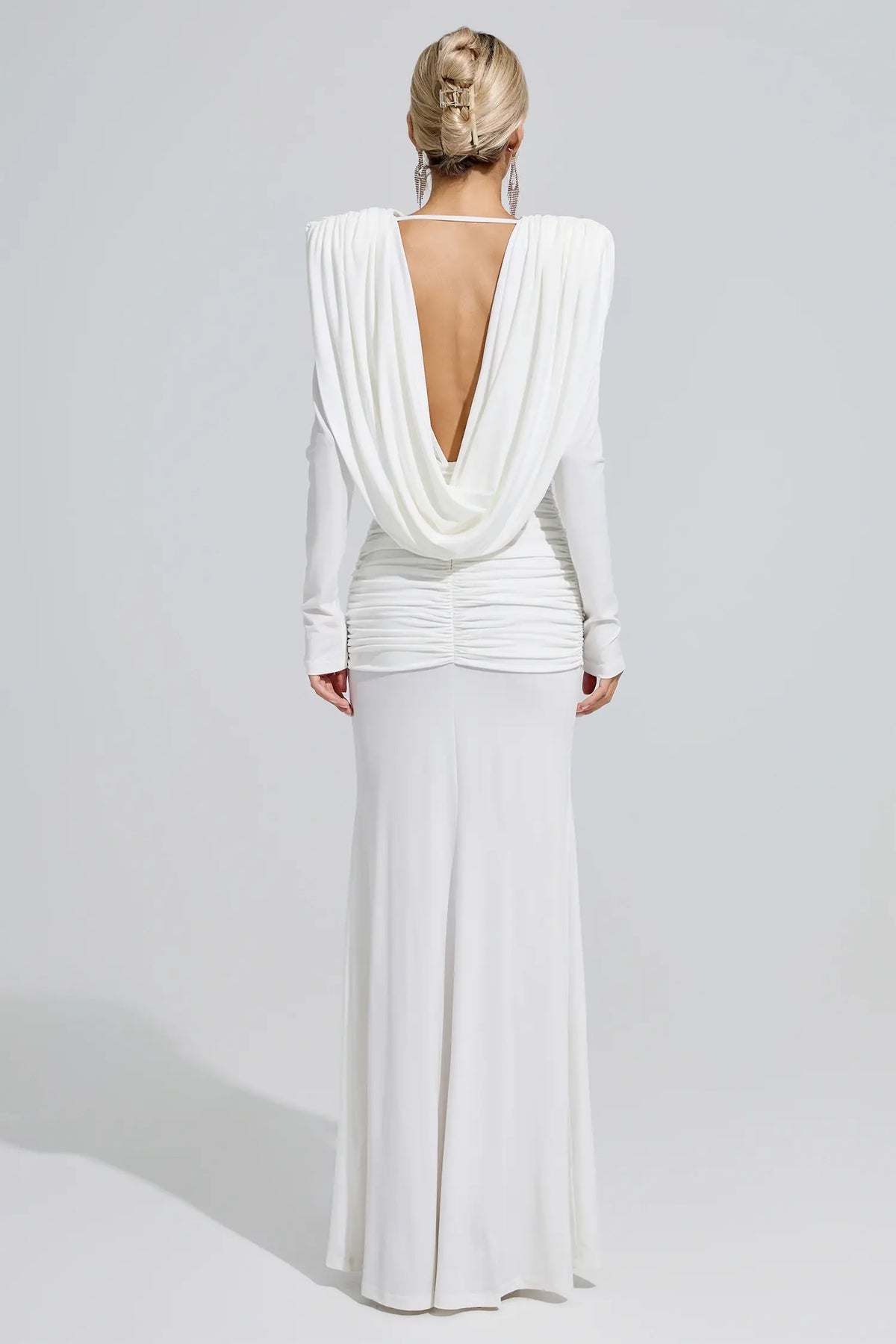 Emelia White Draped Evening Maxi Dress
