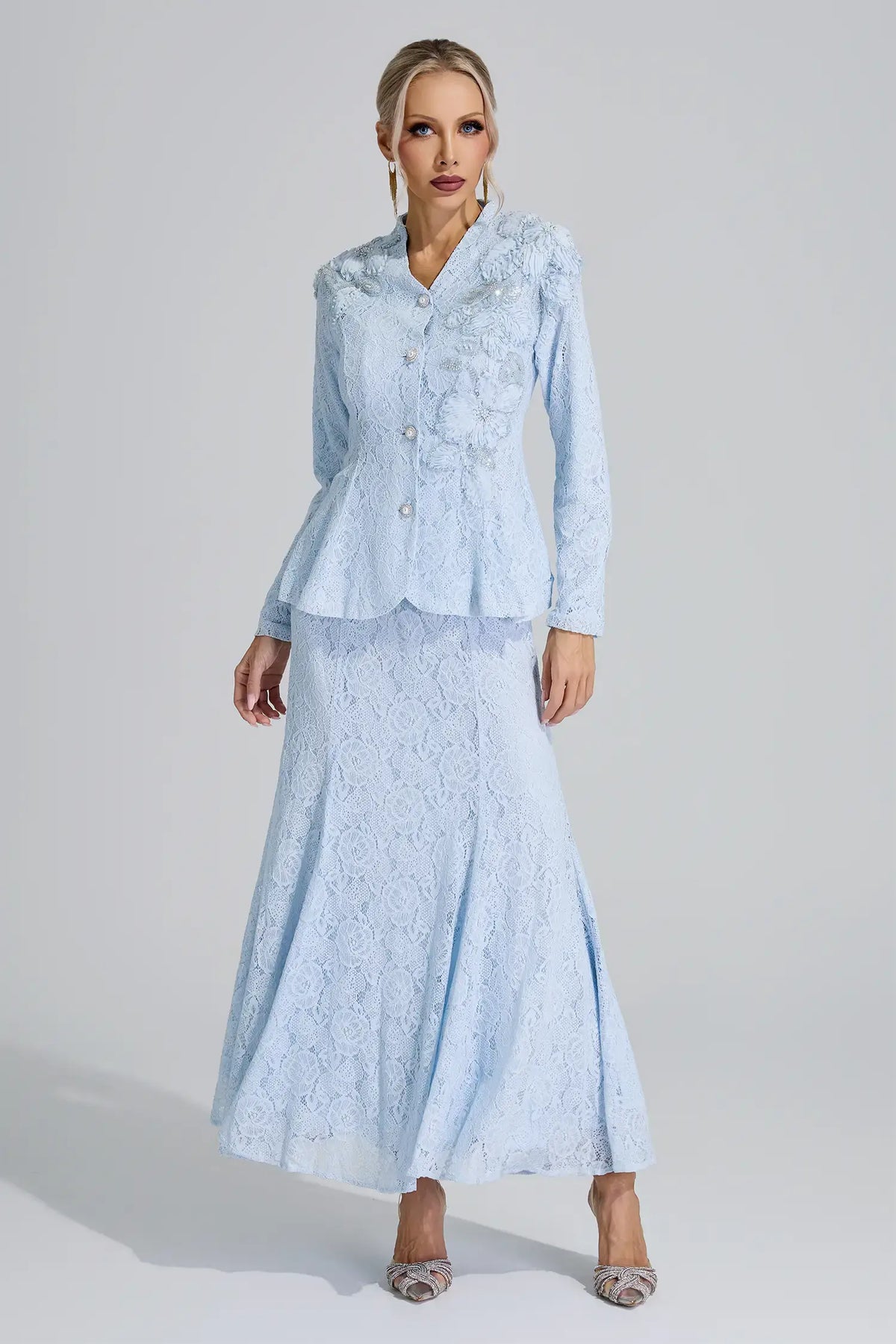 Aeliana Blue Lace Applique Fishtail Set