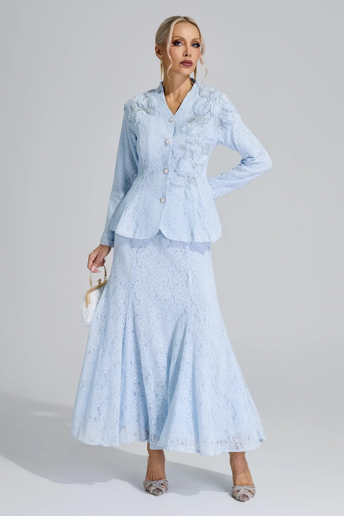 Aeliana Blue Lace Applique Fishtail Set