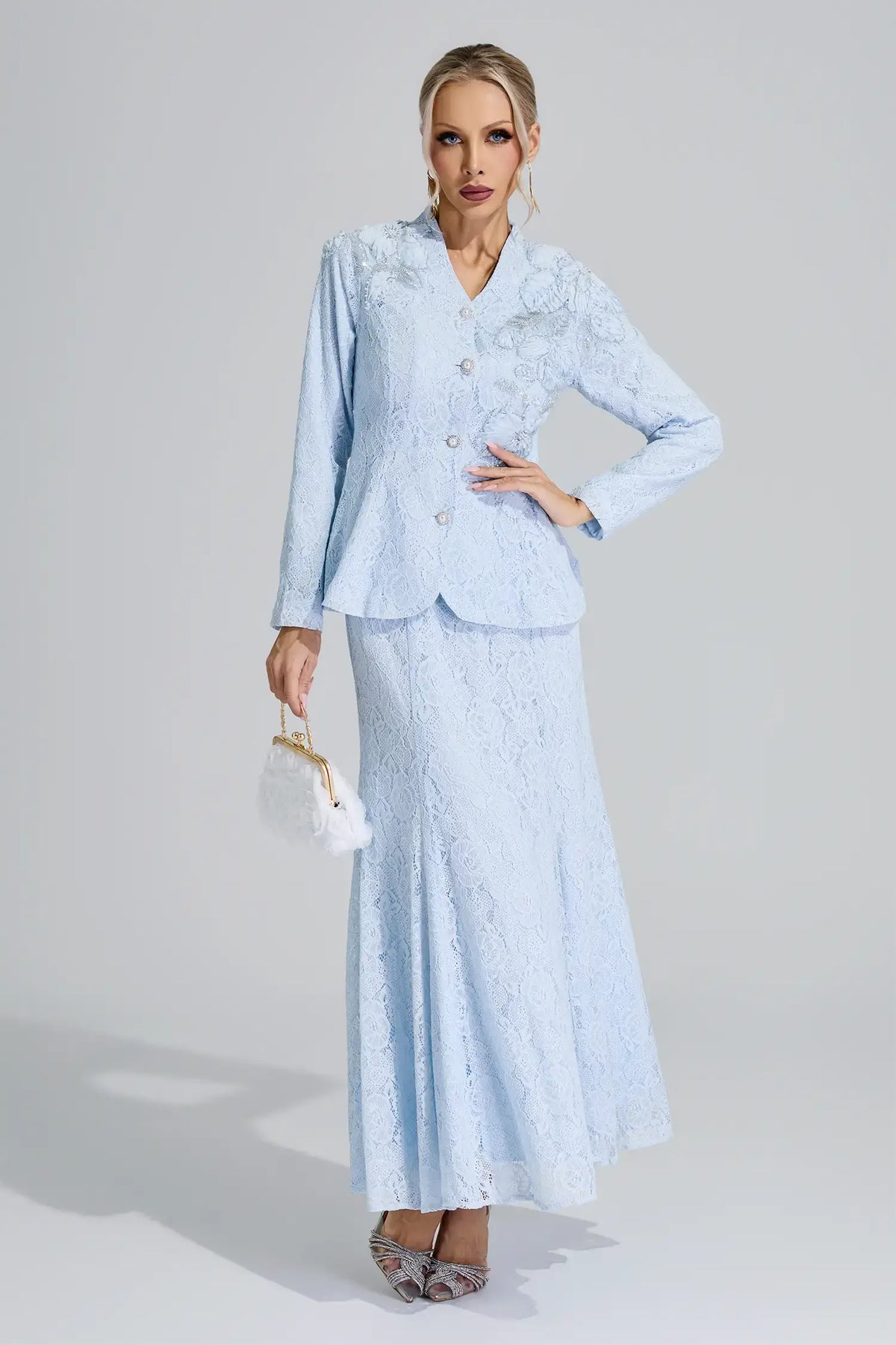 Aeliana Blue Lace Applique Fishtail Set