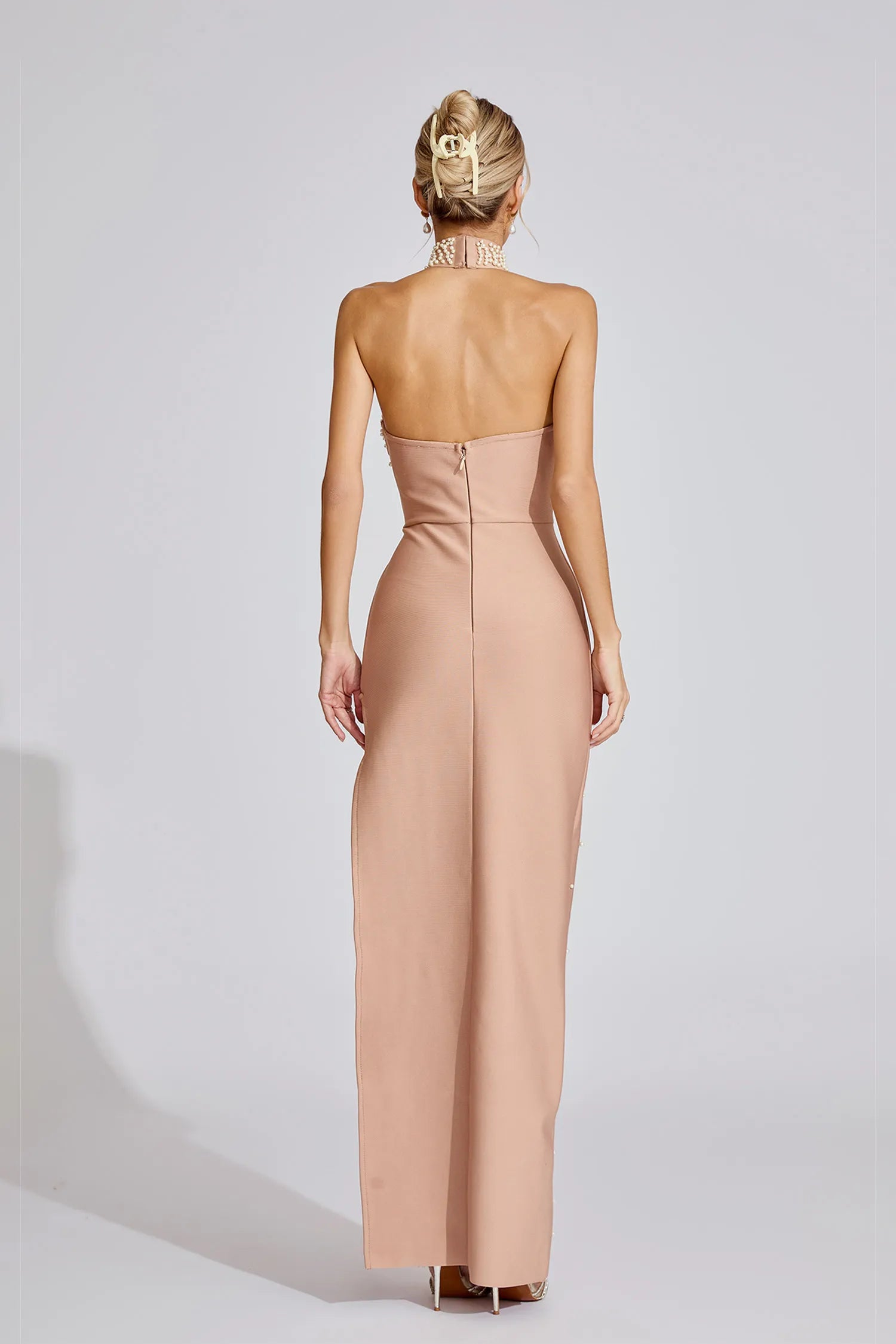Valentina Beige Pearl Halter Maxi Dress
