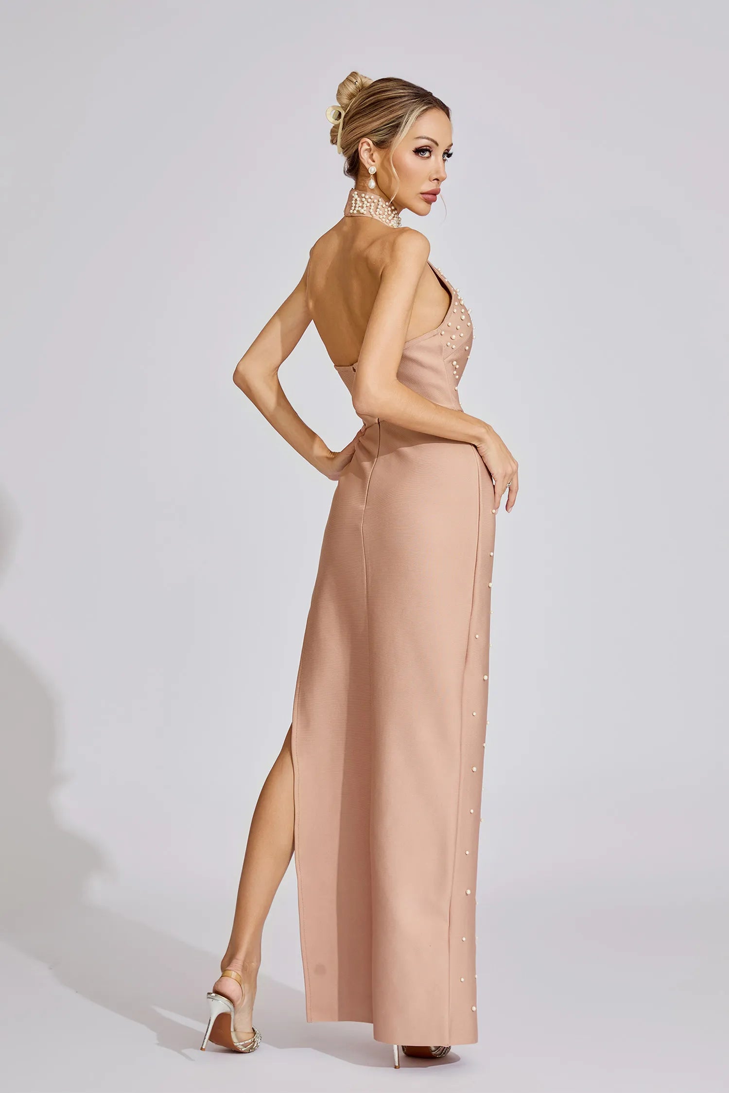 Valentina Beige Pearl Halter Maxi Dress