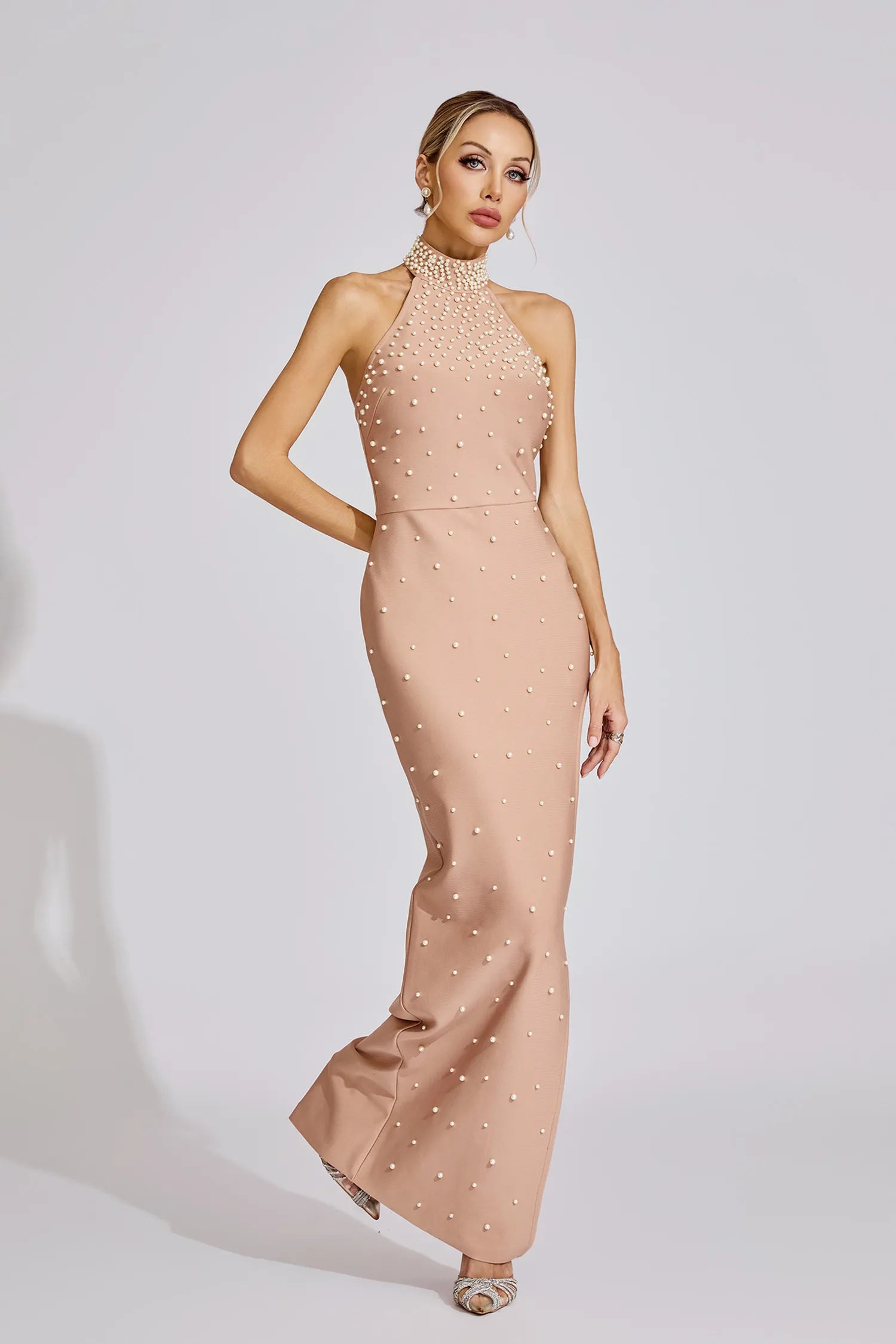 Valentina Beige Pearl Halter Maxi Dress