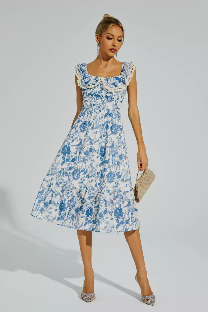 Connie Blue Flower Puffer Sleeve Midi Dress