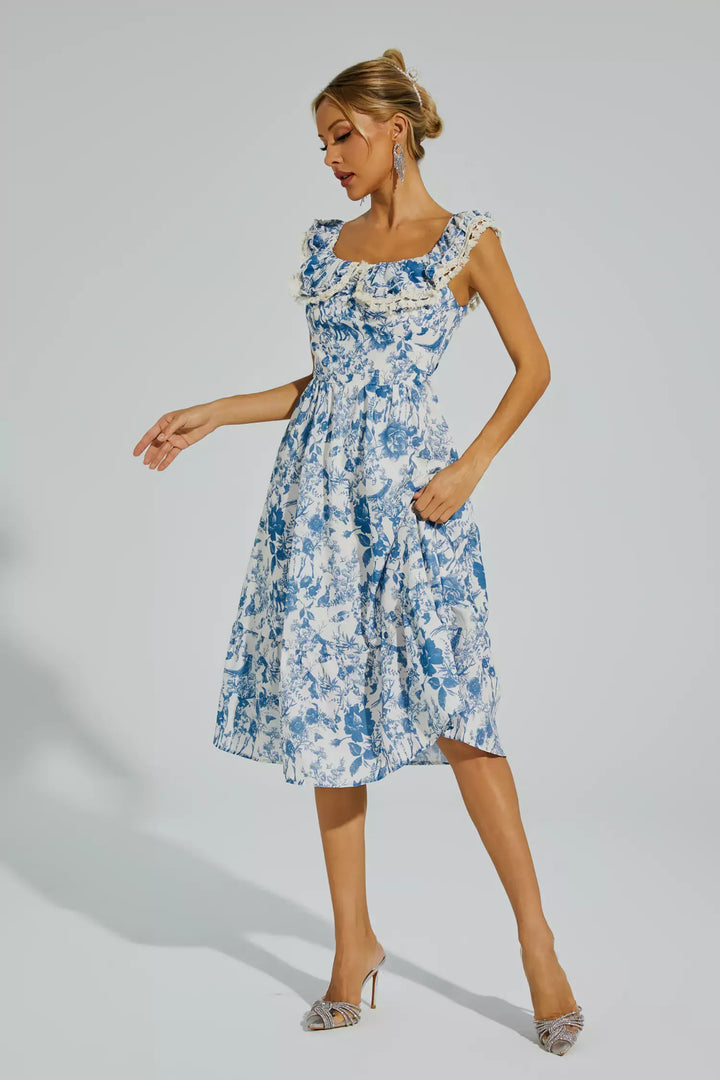 Connie Blue Flower Puffer Sleeve Midi Dress