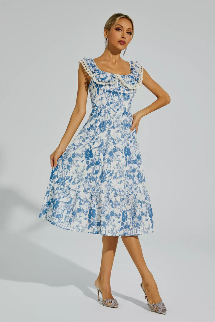 Connie Blue Flower Puffer Sleeve Midi Dress