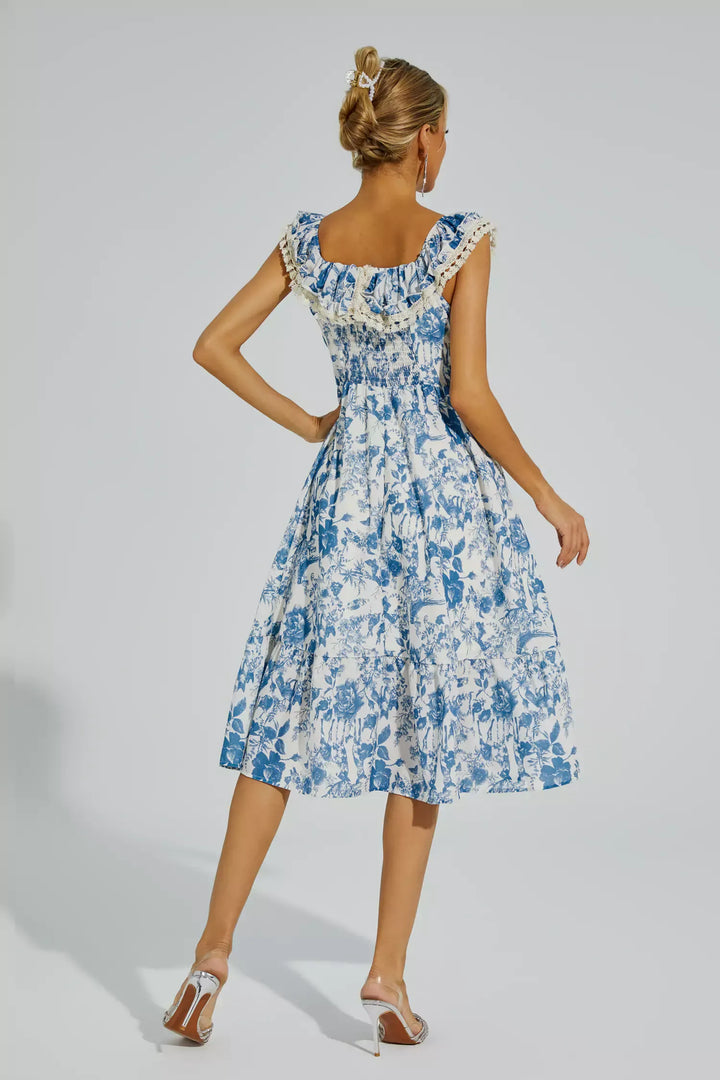 Connie Blue Flower Puffer Sleeve Midi Dress