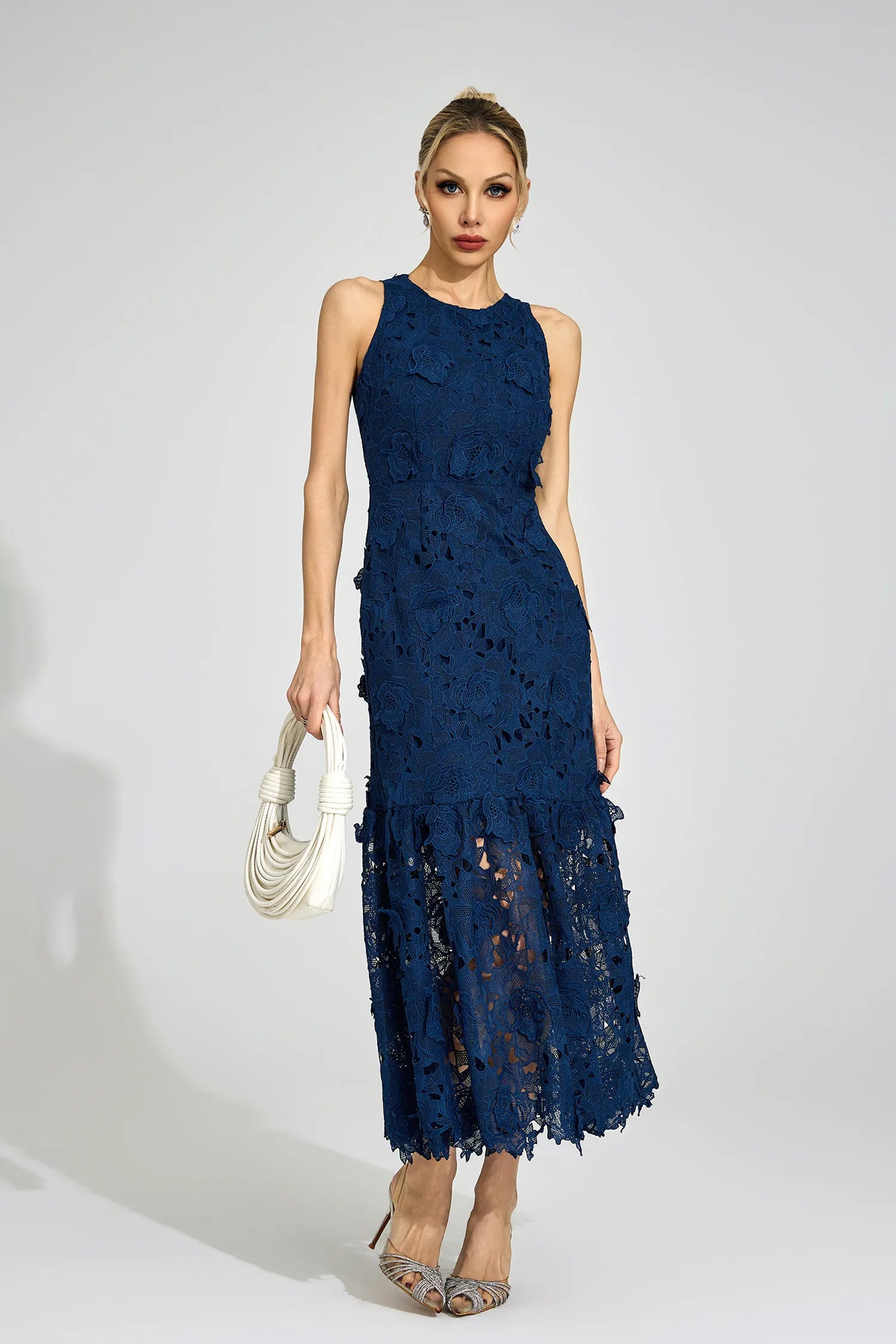 Aeloria Blue Round Neck Maxi Dress
