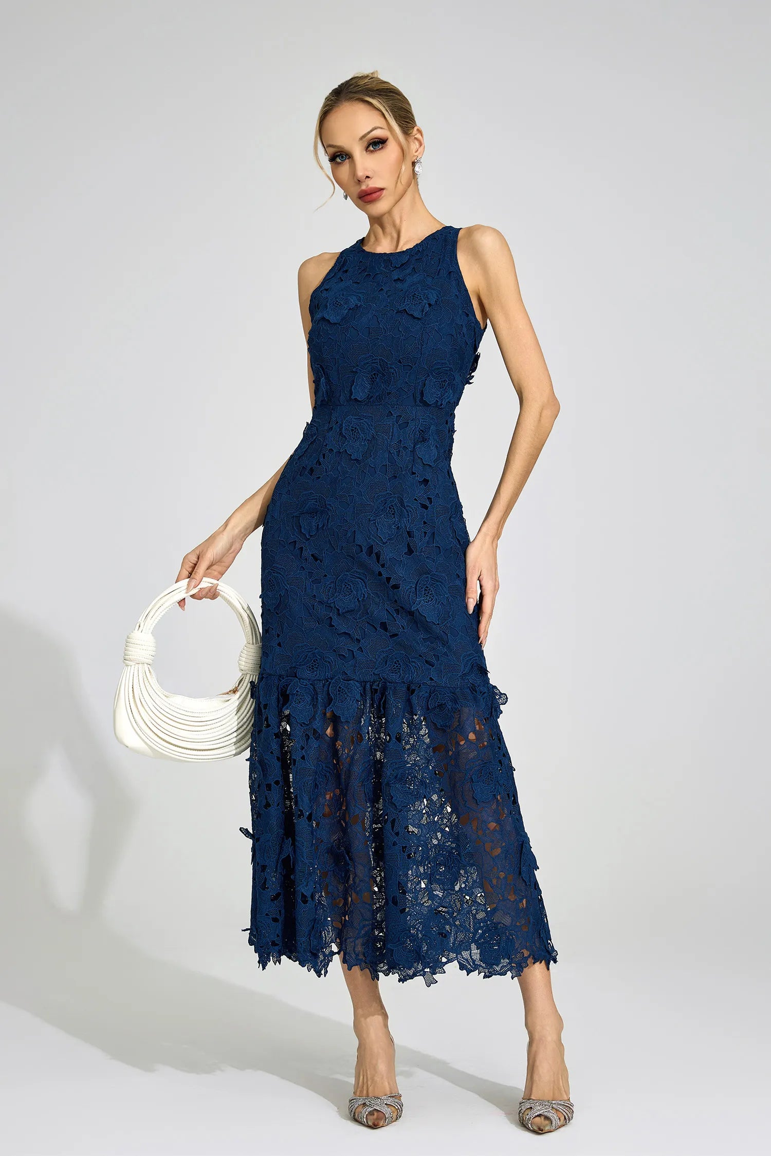 Aeloria Blue Round Neck Maxi Dress