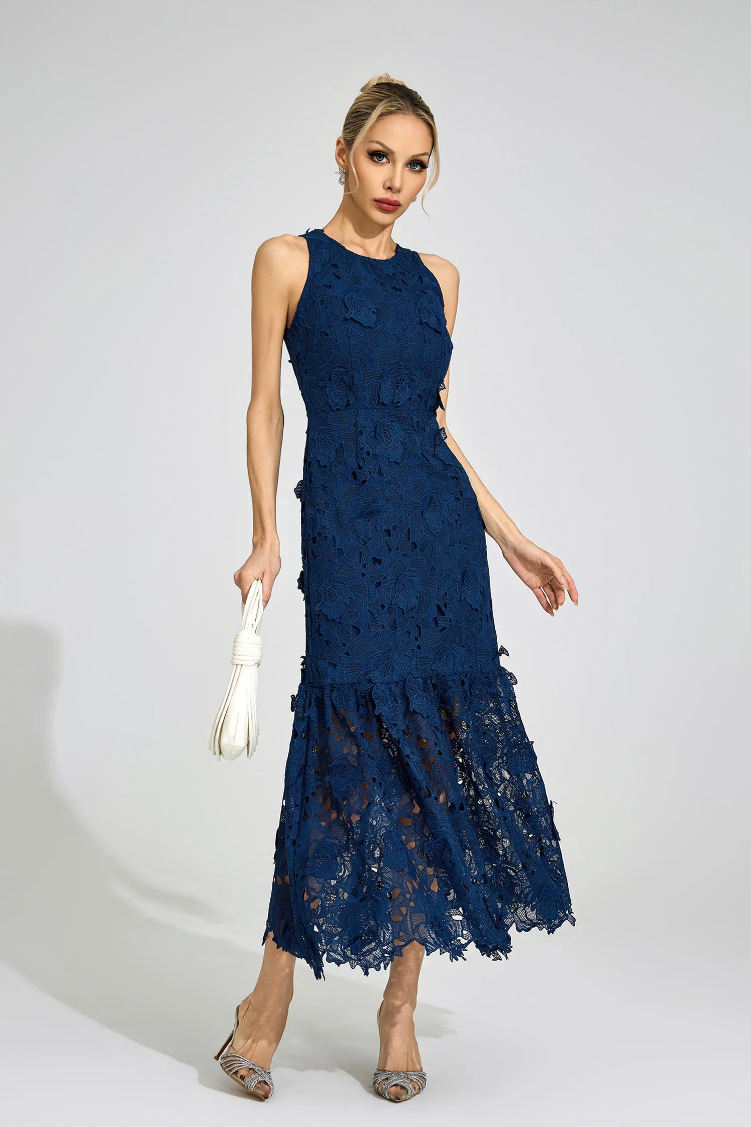 Aeloria Blue Round Neck Maxi Dress