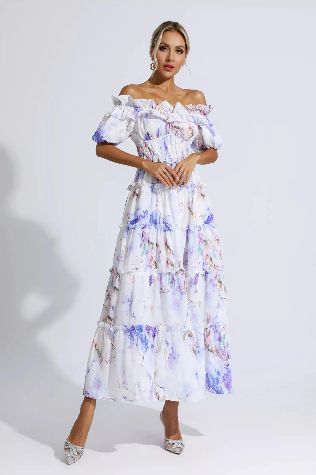 Danielle Purple Floral Ruched Maxi Dress