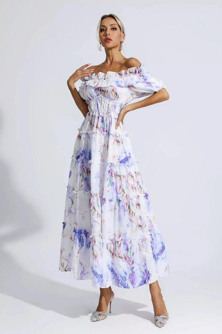 Danielle Purple Floral Ruched Maxi Dress