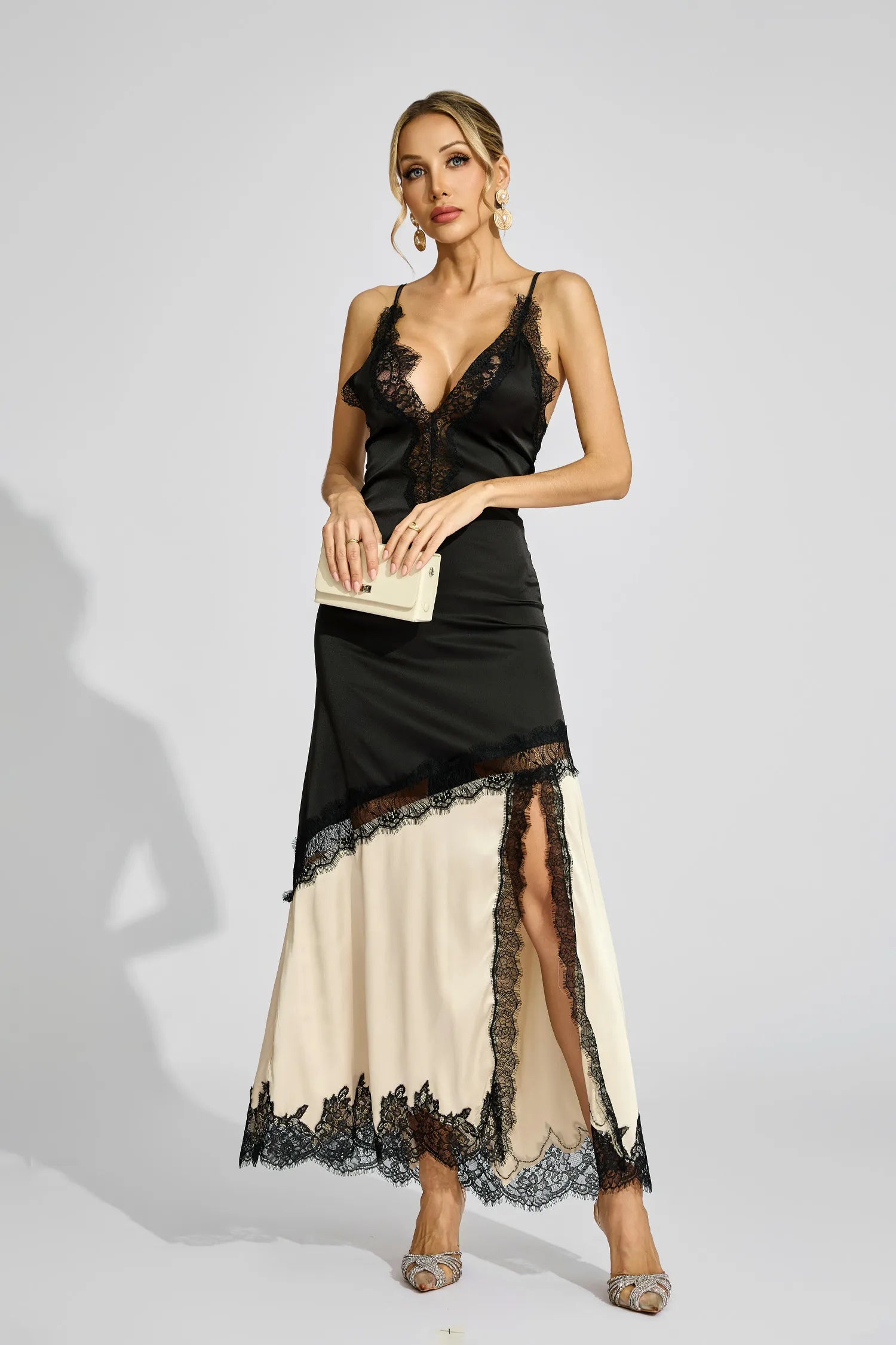 Jessica Black Beige Contrast Lace Maxi Dress