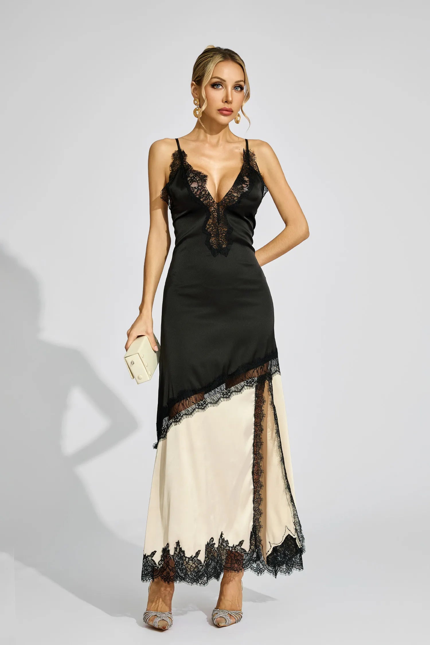 Jessica Black Beige Contrast Lace Maxi Dress