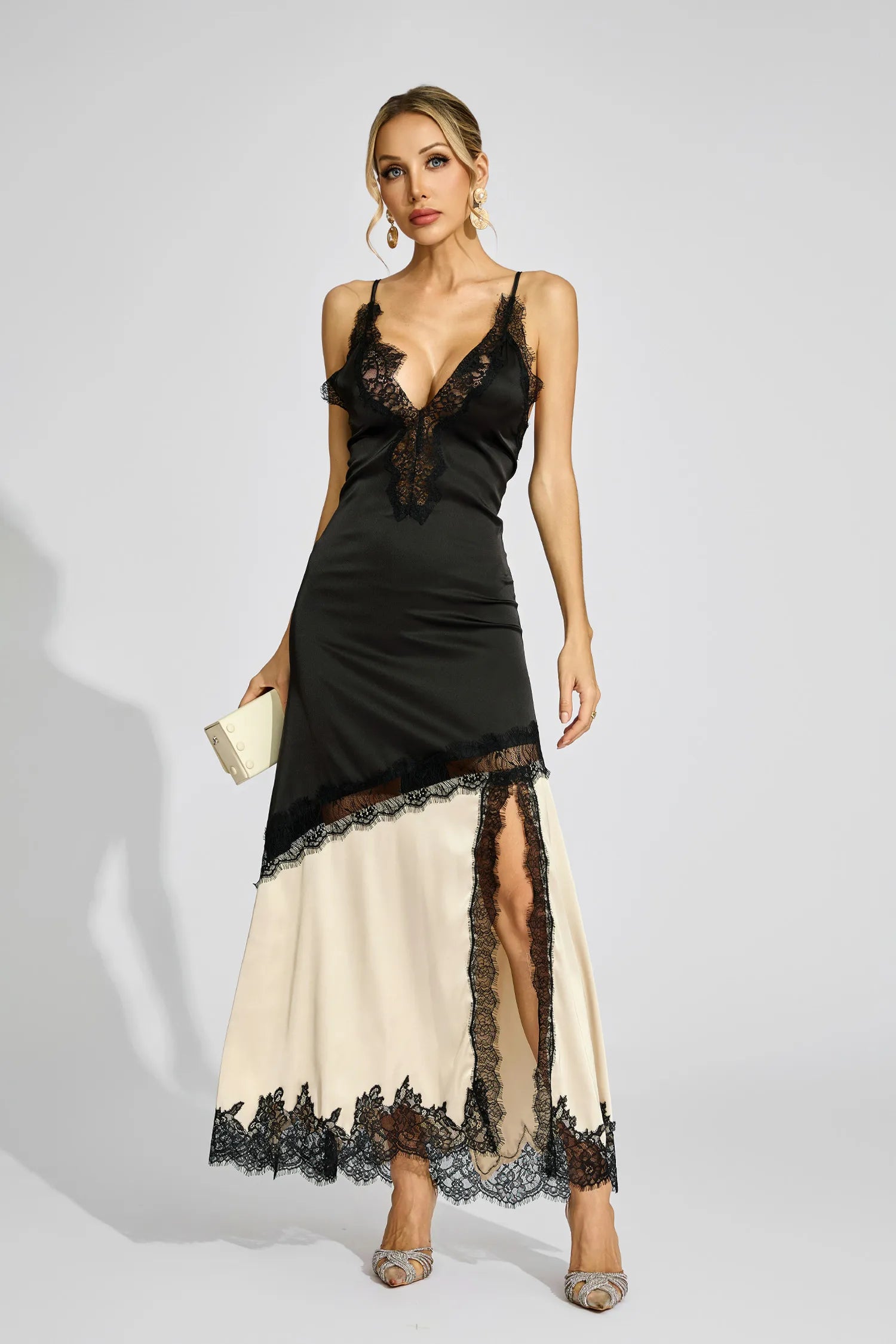 Jessica Black Beige Contrast Lace Maxi Dress