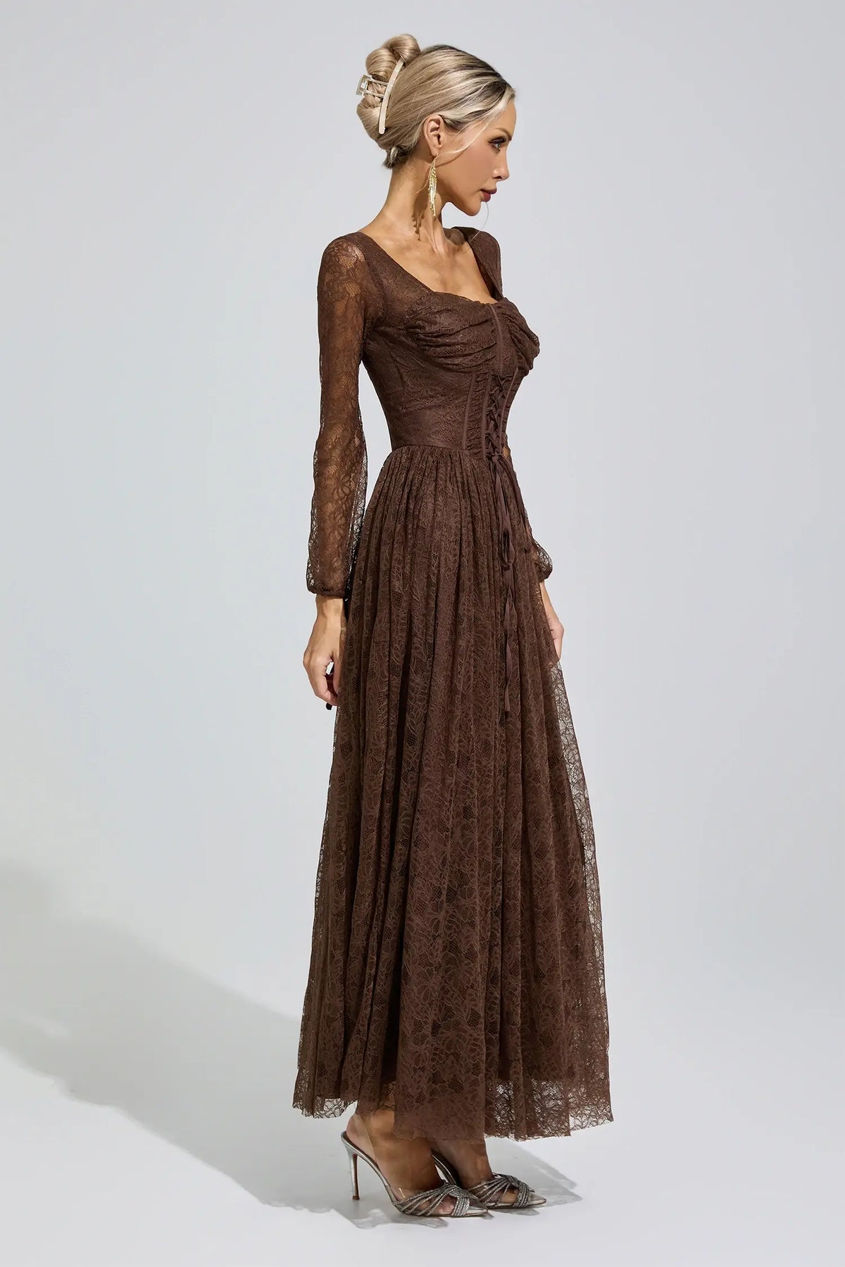 Marina Brown Corset Lace Maxi Dress