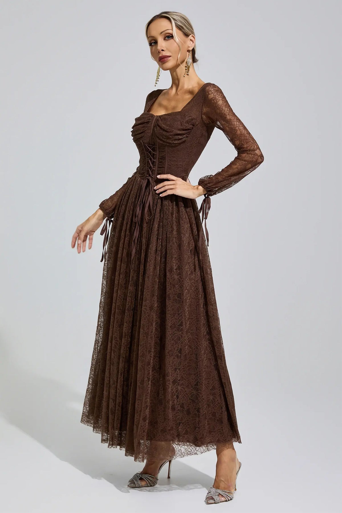 Marina Brown Corset Lace Maxi Dress