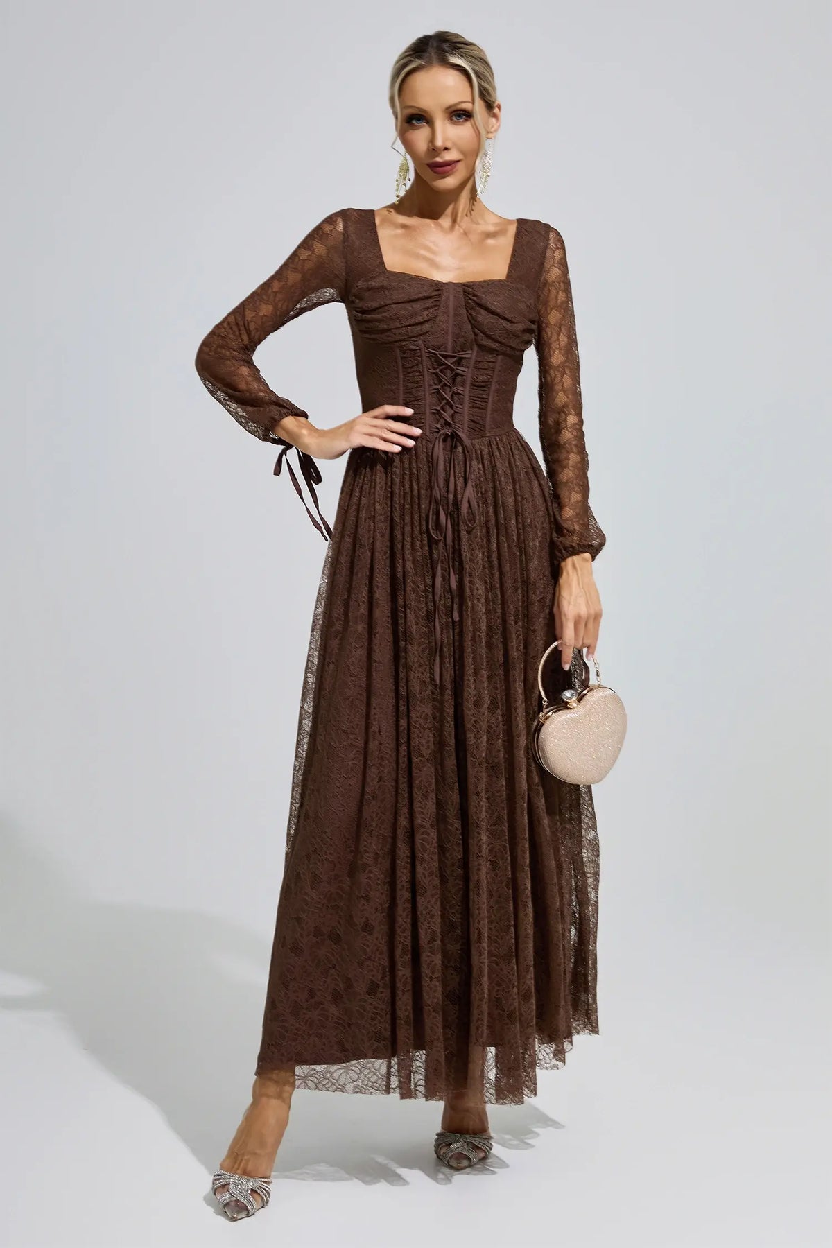 Marina Brown Corset Lace Maxi Dress