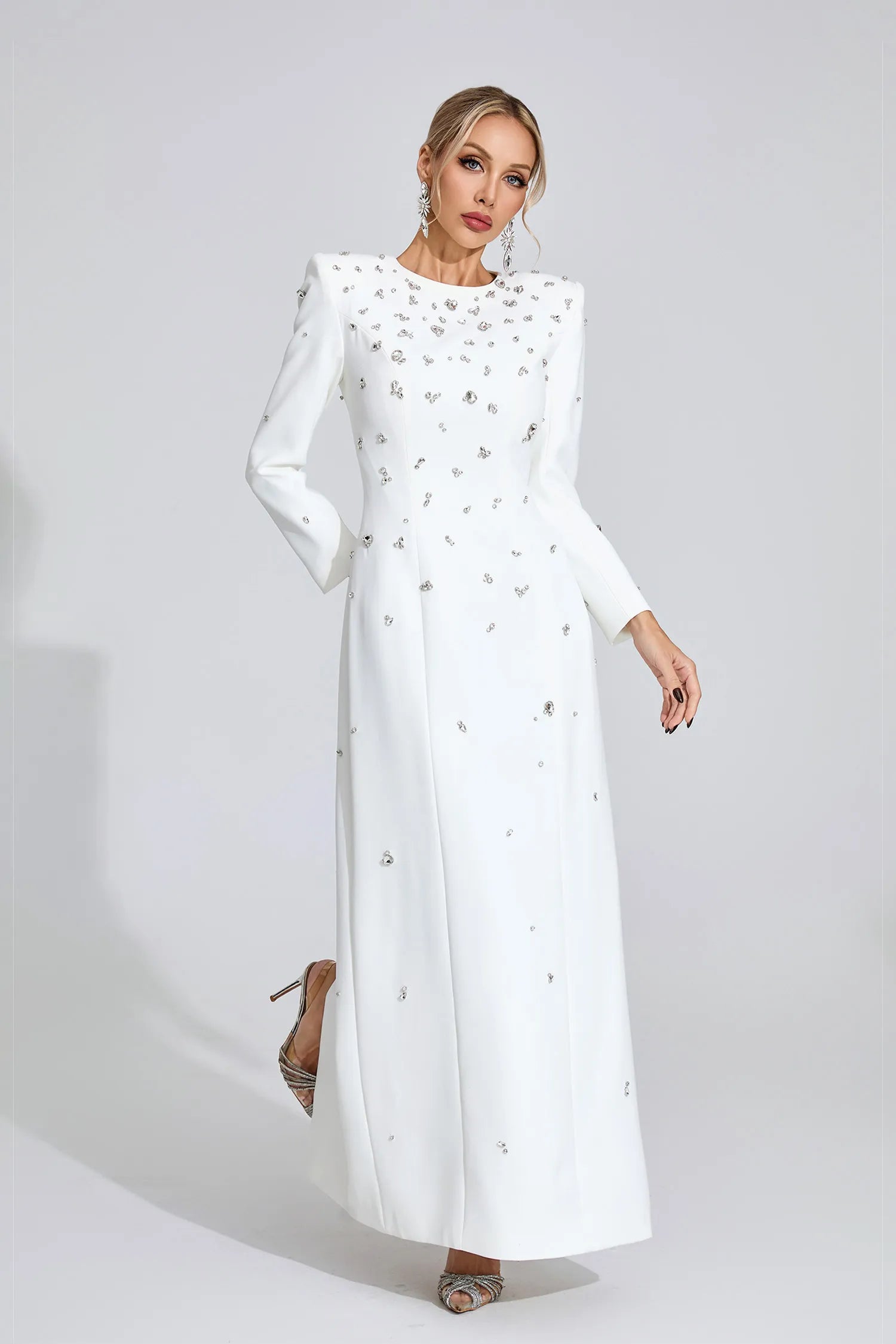 Lenore White Diamond Long Sleeve Maxi Dress