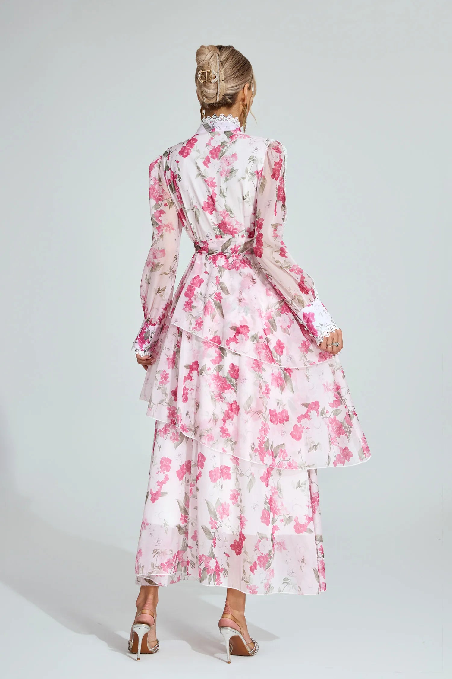 Aubree Pink Floral Chiffon Maxi Dress