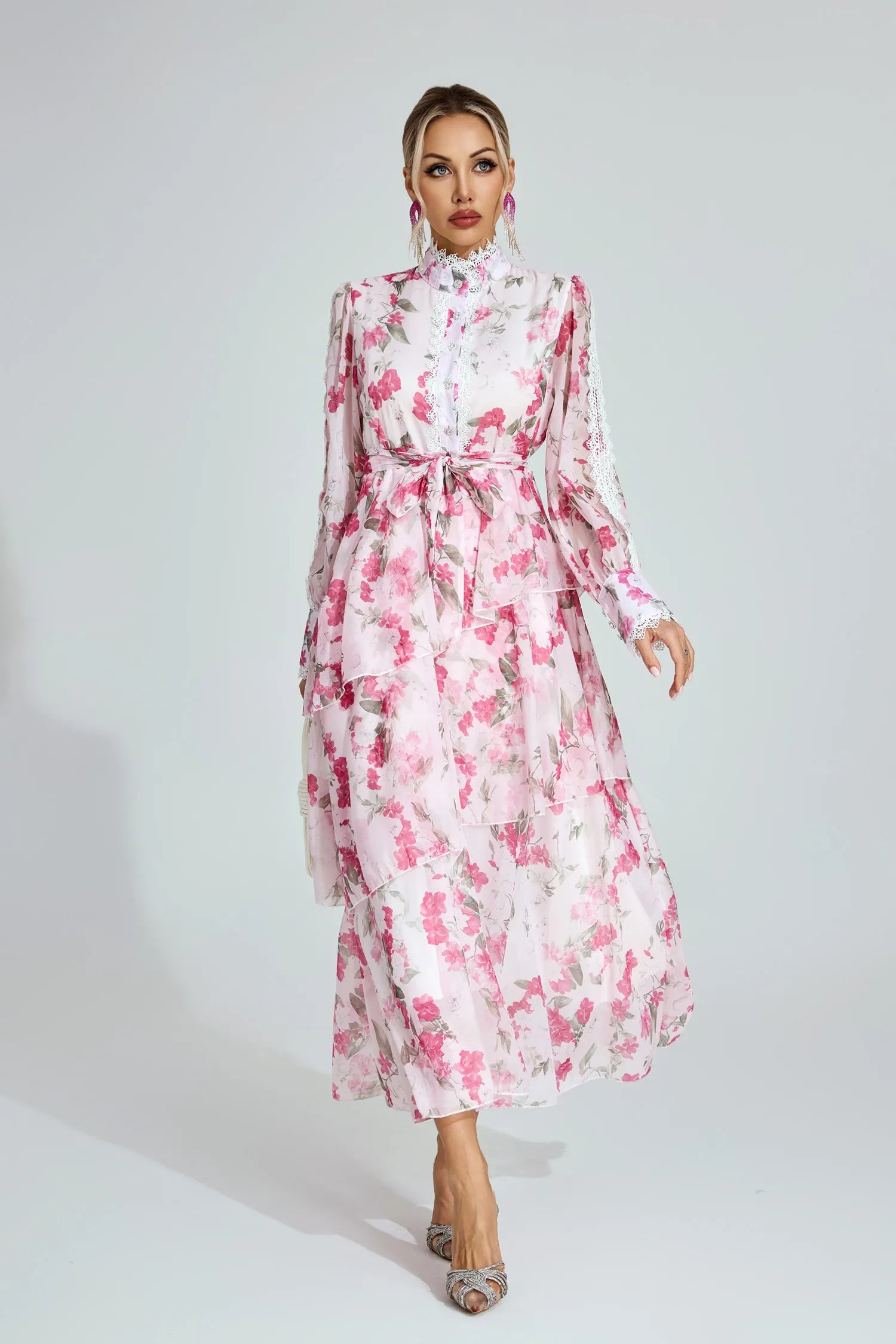 Aubree Pink Floral Chiffon Maxi Dress