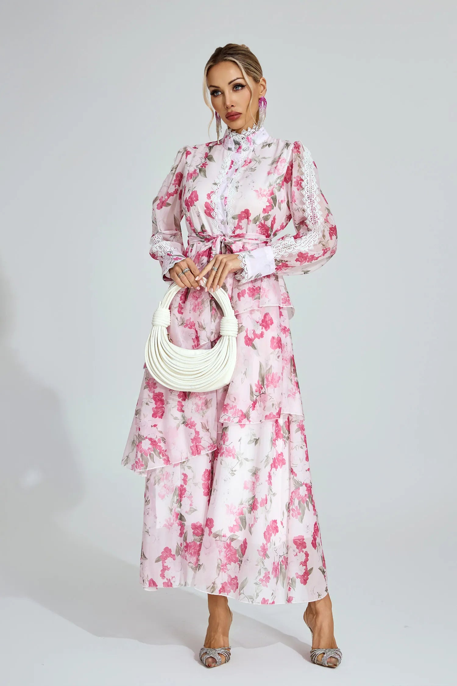 Aubree Pink Floral Chiffon Maxi Dress