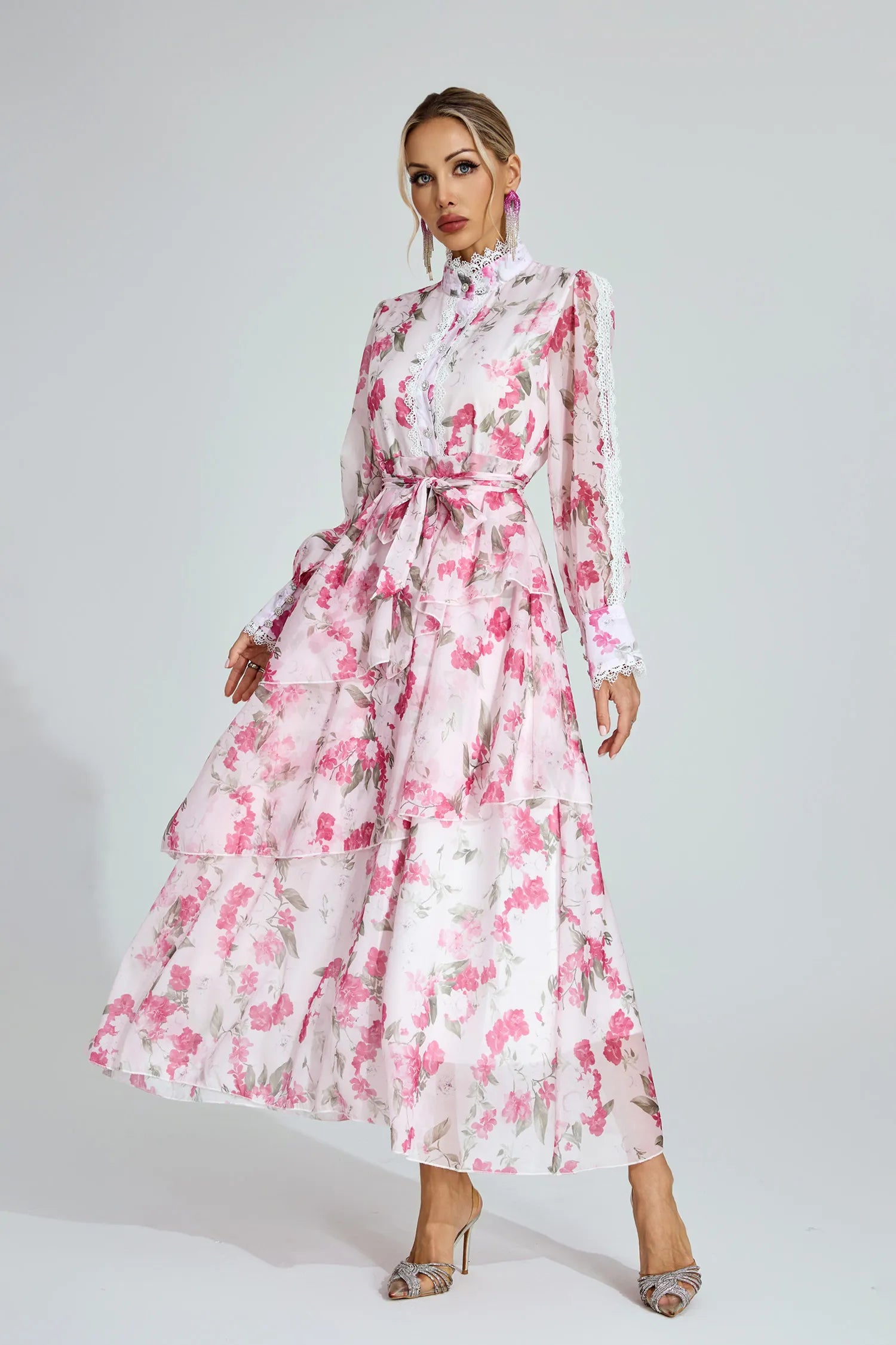 Aubree Pink Floral Chiffon Maxi Dress