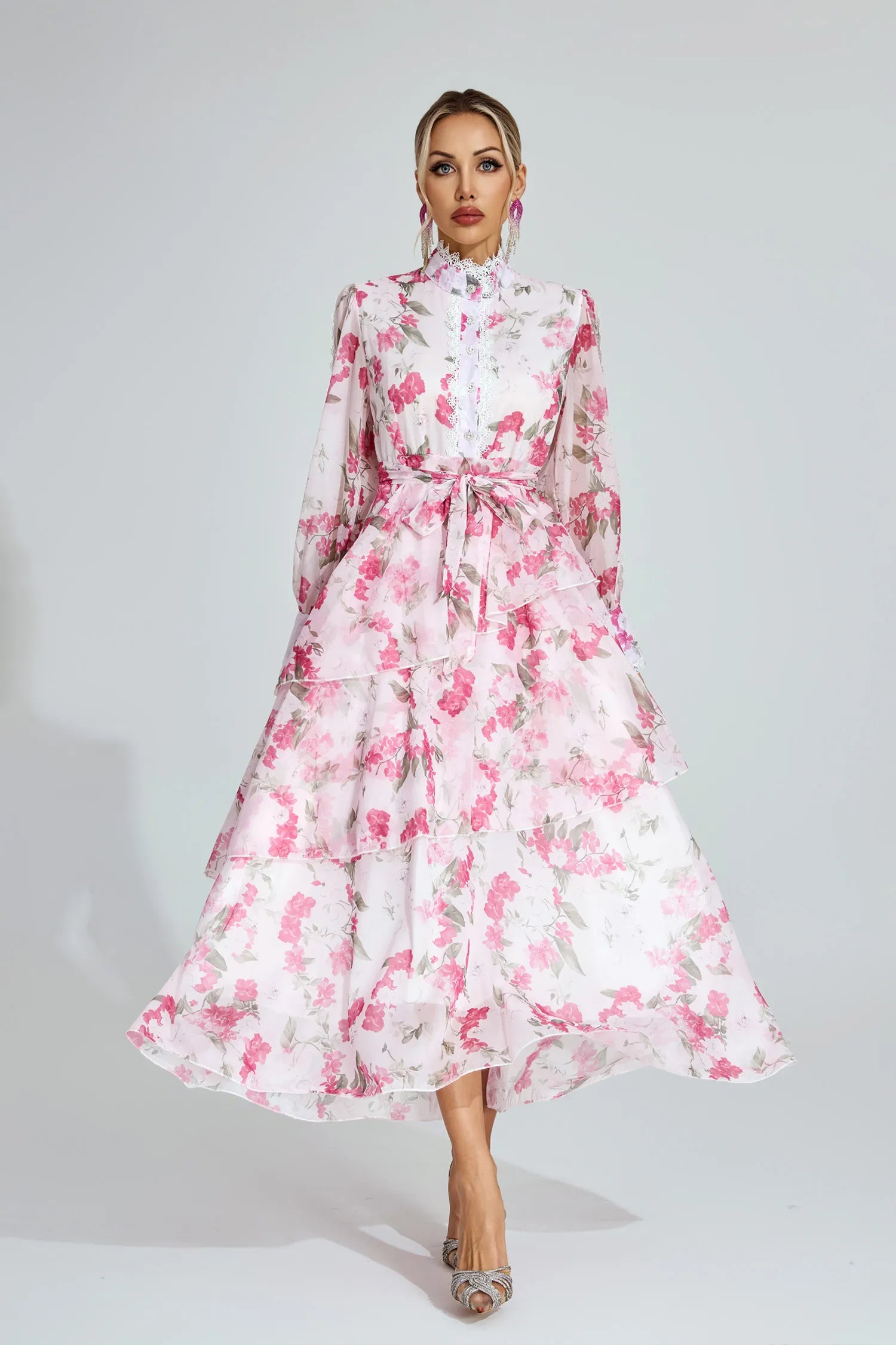 Aubree Pink Floral Chiffon Maxi Dress